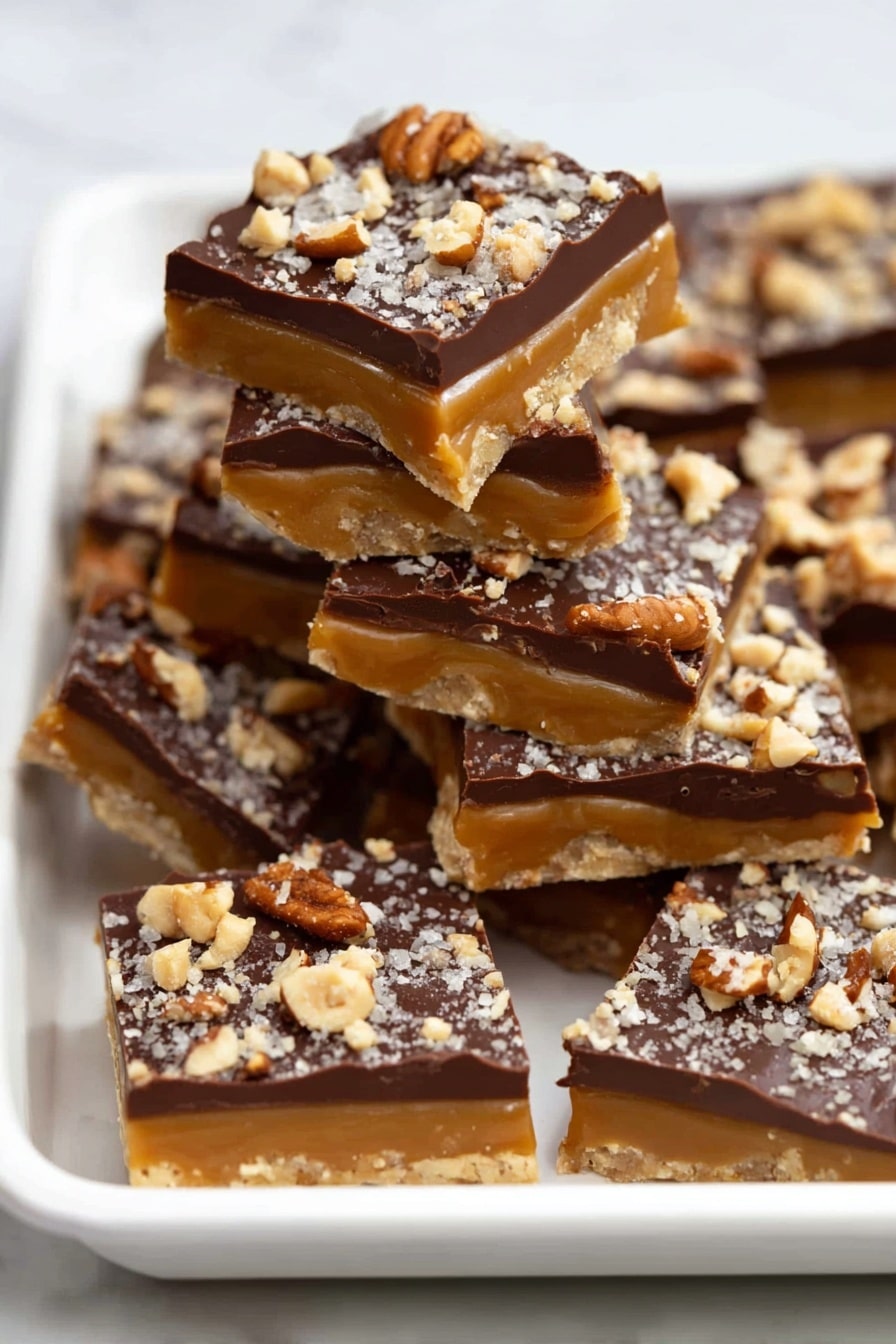 The image shows a white tray filled with layered candy pieces. Each piece has three layers: a shiny golden caramel layer in the middle, a smooth dark brown chocolate layer on top, and a crunchy topping of crushed nuts scattered over the chocolate. One piece is turned to show its thick caramel layer, while some other pieces are stacked, showing a mix of textures and colors. The tray is placed on a white marbled surface. photo taken with an iphone --ar 2:3 --v 7 - Homemade Toffee with Chocolate and Pecans, Toffee with Chocolate and Pecans, Easy Toffee Recipe with Chocolate and Pecans, Crunchy Toffee with Nuts, Decadent Toffee Treats
