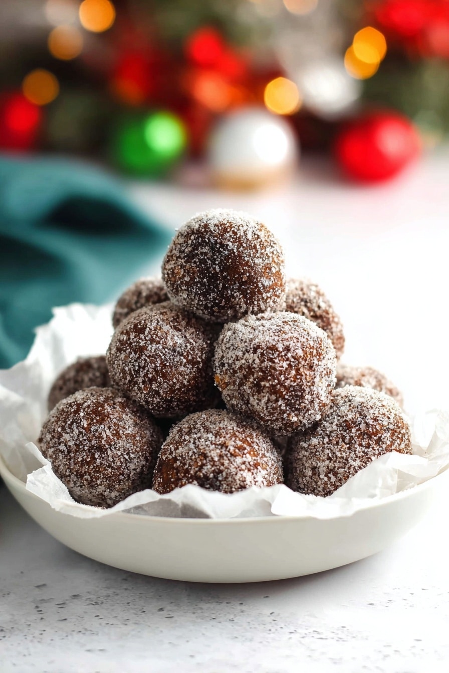 A pyramid stack of round dark brown balls coated lightly with sugar, resting on crumpled white paper inside a shallow white plate, with a fine dusting of powder on some of the balls giving a slightly rough texture, set against a blurred background including hints of red, green, and white colors that suggest a festive scene, all placed on a white marbled surface. Photo taken with an iphone --ar 2:3 --v 7 - Homemade Sugar Plums with Spices, festive holiday treats, no-bake fruit candies, spicy fruit bites, easy holiday recipes