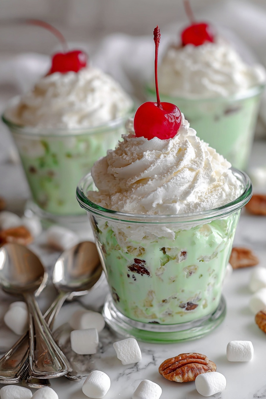 A clear glass cup holds a dessert with three layers. The bottom layer is pale green with small white and brown pieces mixed in, showing a creamy and chunky texture. On top of this is a thick swirl of white whipped cream, soft and fluffy, crowned with a bright red cherry that has a long stem, centered on the top. The cup sits on a white marbled surface scattered with small white marshmallows and brown nuts. In the background, there are two more similar cups filled in the same way, slightly blurred, and two silver spoons lie on the surface next to the front cup. Photo taken with an iphone --ar 2:3 --v 7 - Easy Watergate Salad, Watergate Salad, vintage dessert, creamy fruit salad, no-bake dessert