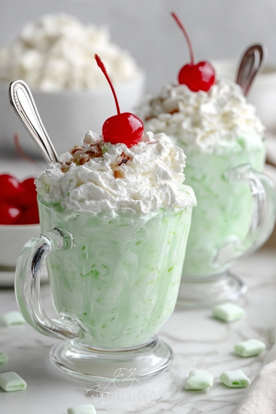The image shows two clear glass mugs filled with a pale green dessert that looks creamy and smooth, with small green bits throughout. On top of each mug is a thick layer of white whipped cream, topped with a bright red cherry with a long stem. A silver spoon is placed inside each mug, leaning against the whipped cream. The mugs sit on a white marbled surface with some scattered small white mints around, and a blurred white bowl filled with the same pale green dessert is in the background. The overall look is fresh and inviting. photo taken with an iphone --ar 2:3 --v 7 - Easy Watergate Salad, Watergate Salad, vintage dessert, creamy fruit salad, no-bake dessert