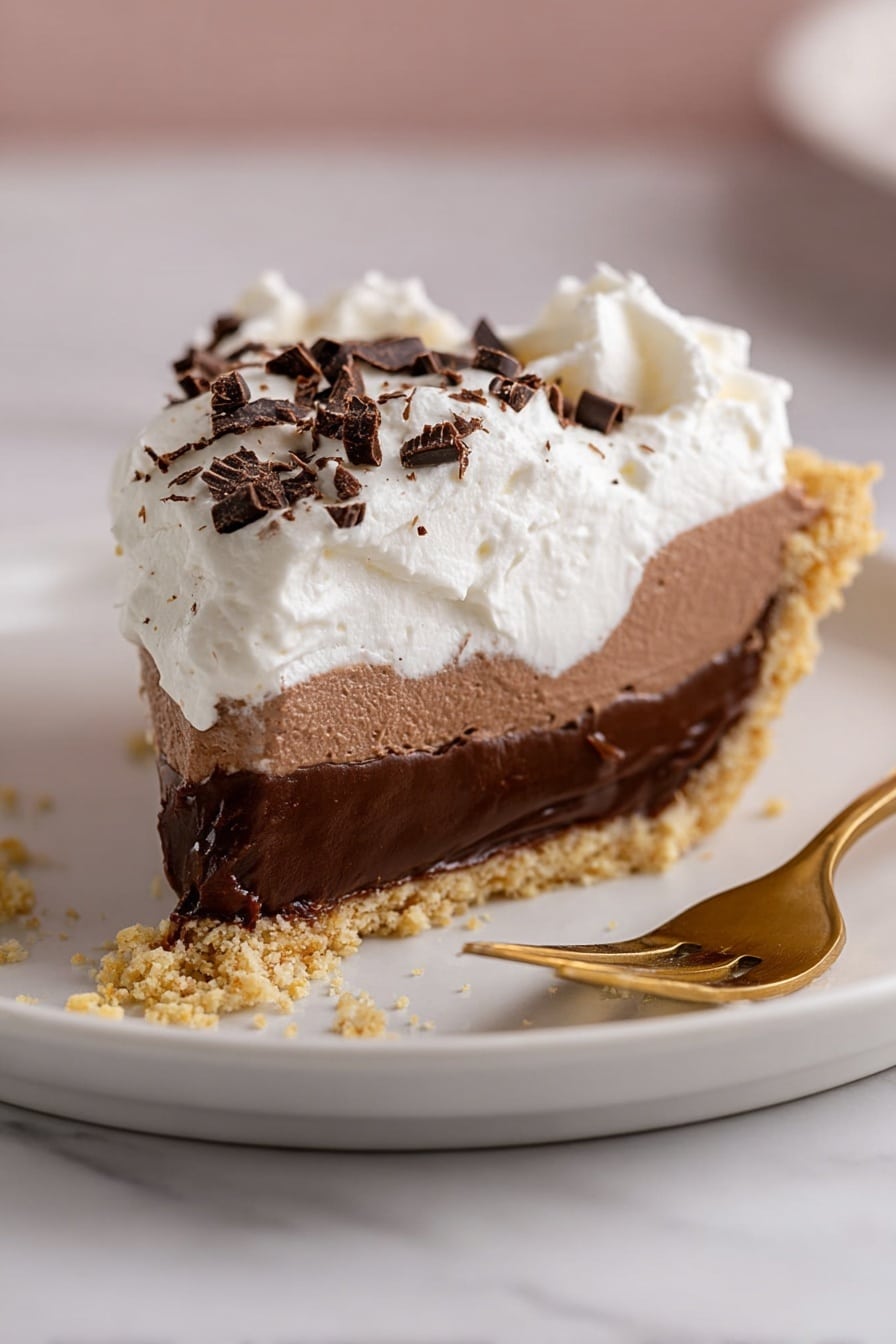 A slice of pie with three layers is shown on a white plate over a white marbled texture. The bottom layer is a light brown crumbly crust. The middle layer is thick and smooth dark chocolate filling with a creamy texture. The top layer is a fluffy white whipped cream, sprinkled with small pieces of dark chocolate on top. There are some crumbs around the slice, and a gold fork rests next to it on the plate. photo taken with an iphone --ar 2:3 --v 7 - Decadent Chocolate Cream Pie, chocolate cream pie recipe, easy chocolate pie, homemade chocolate pie, rich chocolate pie dessert