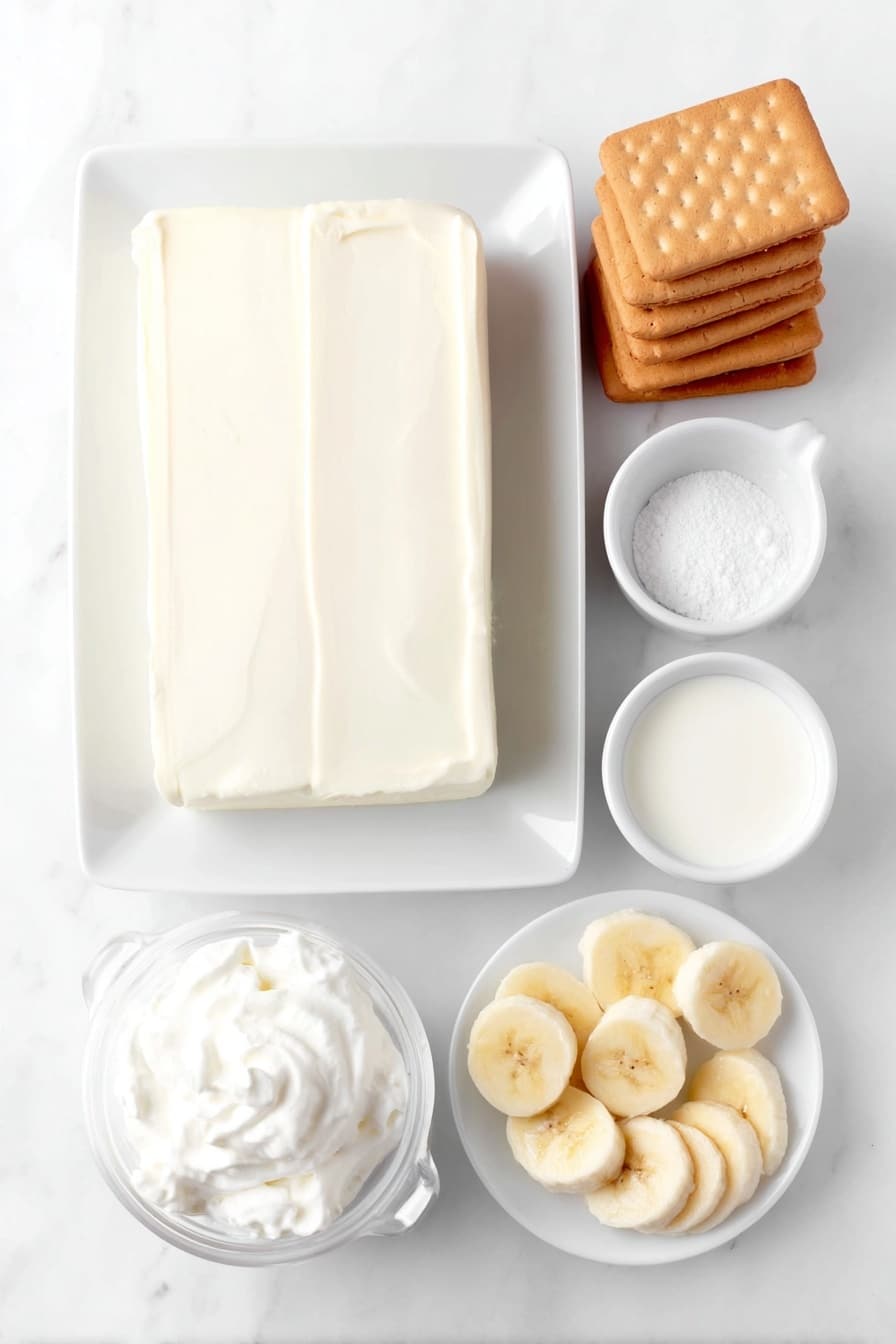 Flat lay of a block of soft cream cheese on a simple white ceramic plate, a small white bowl filled with sweetened condensed milk, a small white bowl with smooth instant vanilla pudding powder, a small white bowl containing fresh whole milk, a small white bowl holding clear vanilla extract, a white ceramic bowl with fluffy whipped topping, a small stack of golden Nilla wafers arranged neatly on a white plate, a few fresh peeled bananas sliced into thin rounds arranged fan-like on a white plate, placed on a clean white marble surface, soft natural light, photo taken with an iPhone, professional food photography style, fresh ingredients, white ceramic bowls, no bottles, no duplicates, no utensils, no packaging --ar 2:3 --v 7 --p m7354615311229779997 - Easy Banana Pudding Delicious Banana Pudding Classic Banana Pudding no-bake Banana Pudding
