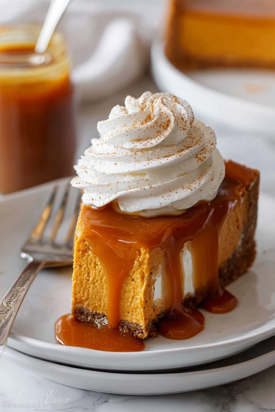 A single slice of orange pumpkin pie with a smooth, dense texture sits on a white plate over a blue cloth. On top, there is a thick layer of shiny caramel sauce dripping down the sides of the pie. A large swirl of white whipped cream dusted with light brown cinnamon powder crowns the slice. A silver fork rests on the right side of the plate. The background surface is a white marbled texture. photo taken with an iphone --ar 2:3 --v 7 - Pumpkin Cheesecake with Butterscotch Sauce, Pumpkin Cheesecake, Fall Dessert Recipes, Holiday Cheesecake, Easy Pumpkin Cheesecake