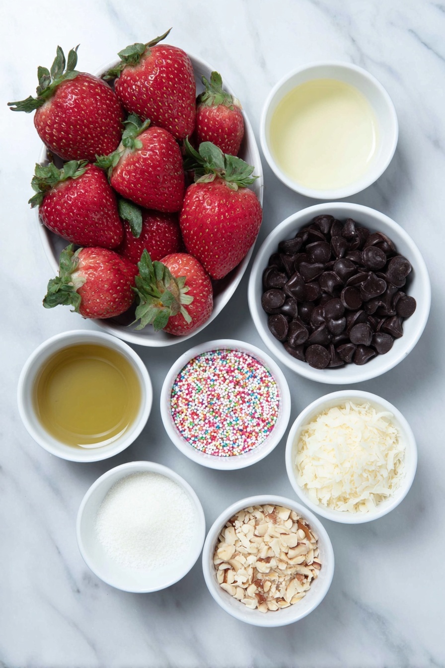 Flat lay of a handful of fresh bright red strawberries with green leafy stems, a small white ceramic bowl filled with glossy dark chocolate chips, a small white ceramic bowl containing light golden vegetable oil, a small white ceramic bowl of snowy white desiccated coconut, a small white ceramic bowl with chopped golden-brown crushed nuts, a small white ceramic bowl holding colorful round sprinkles, all arranged symmetrically on a clean white marble surface, soft natural light, photo taken with an iPhone, professional food photography style, fresh ingredients, white ceramic bowls, no bottles, no duplicates, no utensils, no packaging --ar 2:3 --v 7 --p m7354615311229779997 - Chocolate Covered Strawberries, strawberry chocolate coating, easy chocolate covered strawberries, romantic dessert ideas, quick strawberry treats