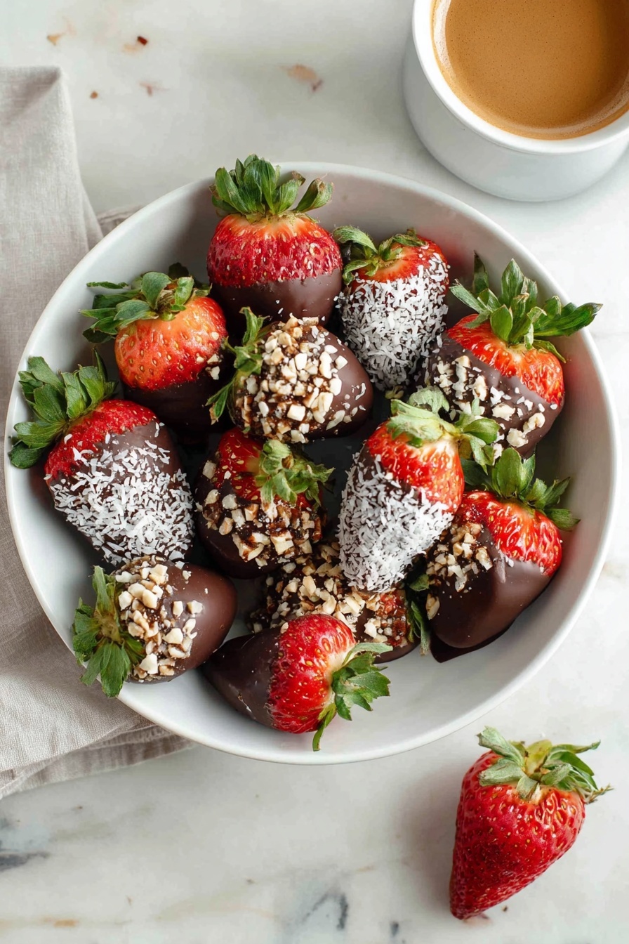 The image shows a white bowl filled with strawberries covered in various toppings. Most strawberries are dipped in dark chocolate, some coated with white coconut flakes, and one covered in crushed nuts, all with green leafy tops. Around the bowl, there are smaller white bowls and plates holding more of these coated strawberries. A white teacup with brown coffee sits in front, placed on a matching saucer. To the left, there are stacked white teacups and a milk bottle with a red-checkered lid. The whole scene is set on a worn wooden table with a white marbled texture surface. In the background on the right, there is a clear vase with white flowers with green leaves. photo taken with an iphone --ar 2:3 --v 7 - Chocolate Covered Strawberries, strawberry chocolate coating, easy chocolate covered strawberries, romantic dessert ideas, quick strawberry treats
