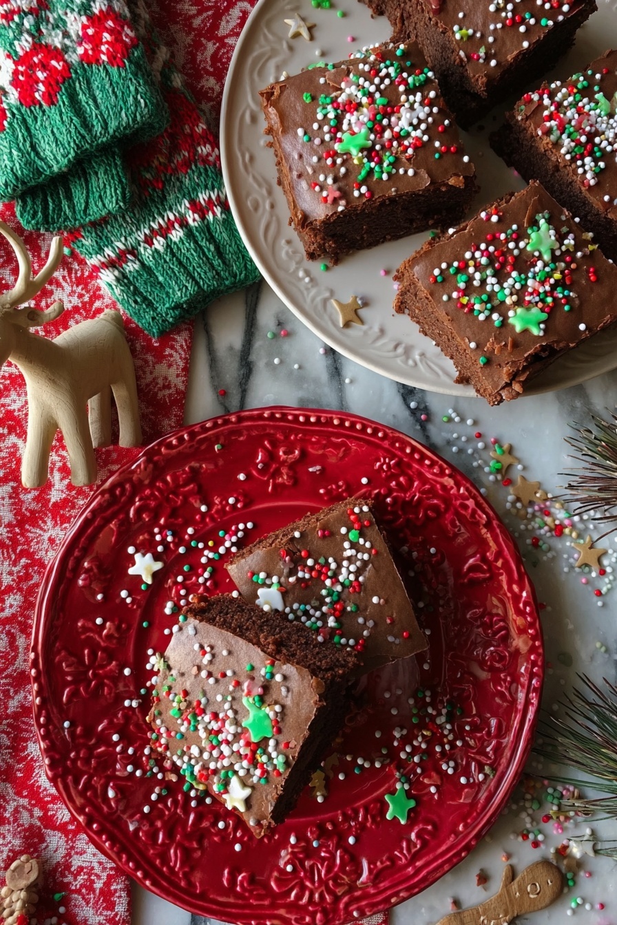 The image shows two plates of chocolate brownies with a smooth chocolate frosting topped with colorful Christmas-themed sprinkles including red, green, white round sprinkles, small gingerbread man shapes, and stars. The brownies are cut into squares, with three pieces on a shiny red plate with embossed patterns and four pieces on a white plate. Some sprinkles are scattered on the plates and the white marbled surface below. The background includes a knitted mitten in green, red, and white, a wooden reindeer ornament with small antlers, and a festive cloth with red patterns. Photo taken with an iphone --ar 2:3 --v 7 - Chocolate Frosted Christmas Brownies, festive brownies recipe, fudgy Christmas brownies, holiday chocolate brownies, easy Christmas brownie recipe