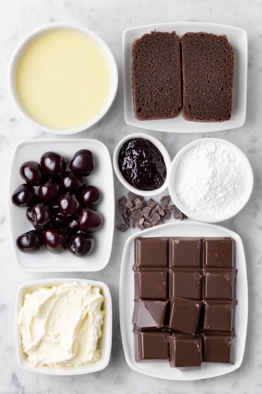 Flat lay of chopped dark chocolate chunks, a small white bowl of ready-made custard, a small white bowl of double cream, a small white bowl with icing sugar powder, slices of chocolate swiss roll, a small white bowl of clear kirsch, fresh whole cherries, a small white bowl of rich cherry jam, bite-sized brownie pieces, and a small pile of grated dark chocolate, all arranged with perfect symmetry on simple white ceramic dishes and bowls, placed on a clean white marble surface, soft natural light, photo taken with an iPhone, professional food photography style, fresh ingredients, white ceramic bowls, no bottles, no duplicates, no utensils, no packaging --ar 2:3 --v 7 --p m7354615311229779997 - Black Forest Trifle with Cherries and Chocolate, layered chocolate cherry dessert, easy Black Forest trifle recipe, rich cherry and chocolate trifles, indulgent berry and chocolate dessert