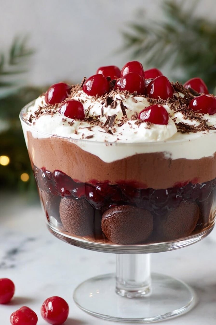 A clear glass bowl holds a layered dessert with three visible layers: the bottom layer is dark brown and creamy chocolate pudding, the middle layer is light whipped cream with a soft texture, and the top layer is a thick layer of white whipped cream with a slightly bumpy surface. Bright red cherries with green stems are placed evenly on top, and fine brown chocolate shavings are scattered across the whipped cream. A gold spoon scoops a mix of chocolate and cream from the side. The bowl sits on a white marbled surface, with a smaller white bowl nearby containing a similar chocolate and cream mixture. photo taken with an iphone --ar 2:3 --v 7 - Black Forest Trifle with Cherries and Chocolate, layered chocolate cherry dessert, easy Black Forest trifle recipe, rich cherry and chocolate trifles, indulgent berry and chocolate dessert