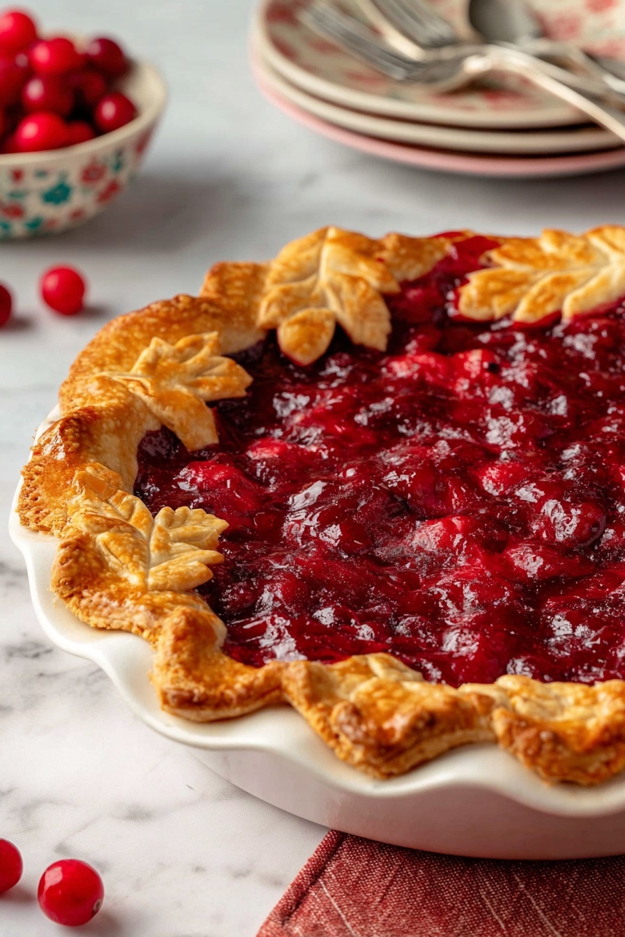 The image shows a cranberry pie with a golden brown crust decorated with leaf shapes along the edge, filled with shiny deep red cranberry filling that looks thick and textured with visible whole cranberries inside. The pie is in a white ceramic pie dish with a scalloped edge, sitting on a white marbled surface with a red and white checkered cloth nearby. In the background, there is a second whole pie with a crumbly golden brown top crust in another white pie dish, red apples, a white dish filled with fresh cranberries, and a small bowl of white sauce or cream. The lighting is soft and natural, highlighting the warm colors and textures of the pies and ingredients. photo taken with an iphone --ar 2:3 --v 7 - Cranberry Pie with Orange and Spices, festive cranberry pie, holiday fruit pie, easy cranberry dessert, spiced fruit pie