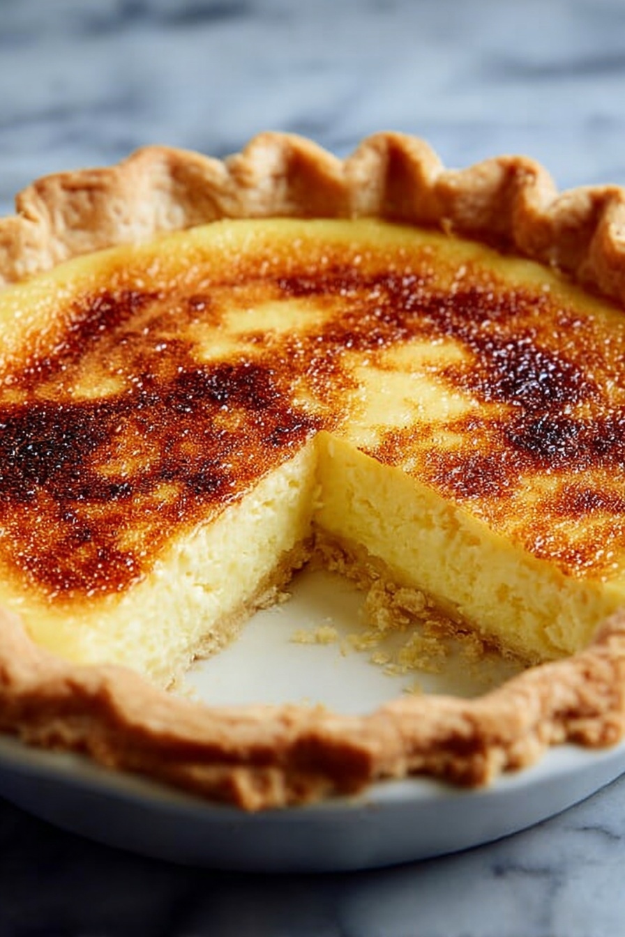 The image shows a pie with a flaky, pale golden crust that forms a scalloped edge around the pie. Inside, there is a smooth, pale yellow filling that looks soft and creamy. The top layer is lightly browned with a caramelized texture, showing one slice has been taken out, revealing the thick filling inside. The pie sits on a white marbled surface in a white pie pan. photo taken with an iphone --ar 2:3 --v 7 - Best Ever Buttermilk Pie, buttermilk pie recipe, classic buttermilk pie, creamy custard pie, easy Southern desserts