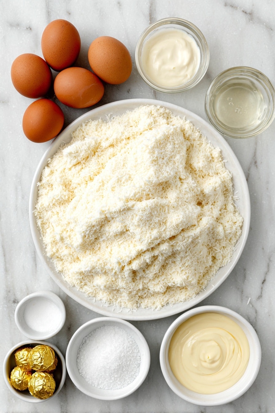Flat lay of sweetened shredded coconut piled loosely in a mound on a simple white ceramic plate, a small white ceramic bowl filled with thick, glossy sweetened condensed milk, a few whole uncracked brown eggs arranged symmetrically beside a small white ceramic bowl holding clear vanilla extract liquid, another small white ceramic bowl with pale almond extract, a small white ceramic bowl containing fine white salt crystals, and a neat cluster of shiny, unwrapped Hershey’s Kisses chocolates with their foil slightly crinkled, all placed on a clean white marble surface, soft natural light, photo taken with an iPhone, professional food photography style, fresh ingredients, white ceramic bowls, no bottles, no duplicates, no utensils, no packaging --ar 2:3 --v 7 --p m7354615311229779997 - Coconut Macaroon Blossoms with Chocolate Kisses, coconut macaroon cookies, chocolate kiss cookies, festive coconut treats, easy holiday desserts