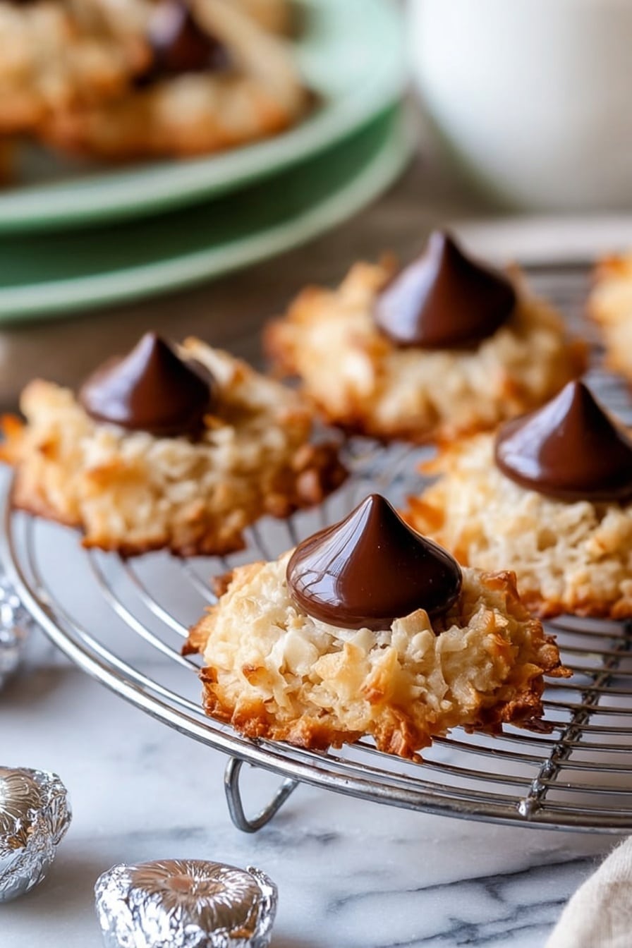 The image shows several round cookies with a rough, golden-brown texture from toasted coconut flakes, each with a smooth, shiny dark chocolate drop placed in the center. The cookies sit on a silver wire cooling rack, which rests on a white marbled surface. Around the rack, there are small foil-wrapped chocolate drops scattered. The background includes a blurred white bowl and a soft green plate with more cookies, creating a warm and inviting scene. photo taken with an iphone --ar 2:3 --v 7 - Coconut Macaroon Blossoms with Chocolate Kisses, coconut macaroon cookies, chocolate kiss cookies, festive coconut treats, easy holiday desserts