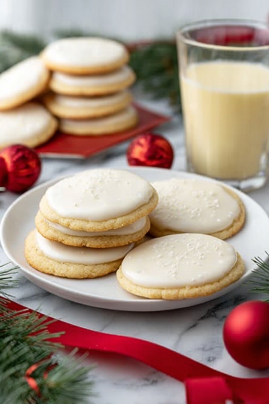The image shows a white plate filled with two layers of soft, round sugar cookies topped with smooth, glossy white icing. The cookies are light golden brown and have a slightly fluffy texture. Some cookies sit flat on the plate while others rest leaning against each other, giving a sense of depth. The plate is on a white marbled surface with festive red ornaments and green pine branches nearby. In the background, more cookies are stacked and a glass mug filled with a pale yellow creamy drink is visible. A woman's hand holding a red ribbon is just out of focus. photo taken with an iphone --ar 2:3 --v 7 - Eggnog Cookies with Cinnamon and Nutmeg, holiday eggnog cookies, festive cookie recipes, easy holiday cookies, cinnamon nutmeg cookies