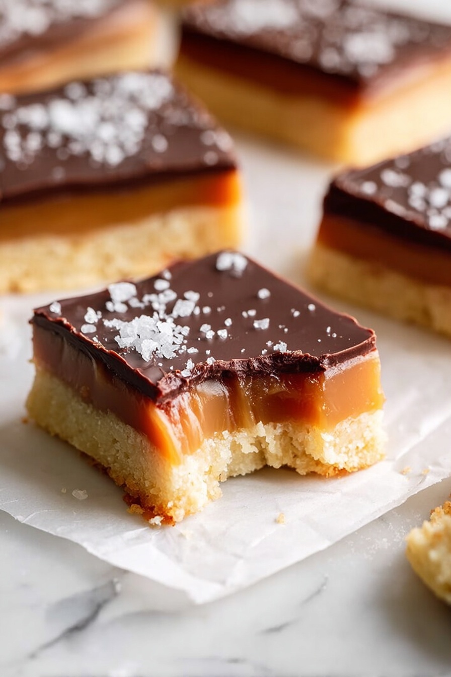 A square dessert bar with three distinct layers sits on a white marbled surface, with a bite taken from one corner showing the inside. The bottom layer is a pale, crumbly shortbread base with a slightly coarse texture. Above this is a thicker, soft caramel layer in a rich golden brown shade, smooth and glossy but soft enough to show some indentation near the bite. The top layer is a dark chocolate ganache, shiny and firm, sprinkled with coarse white sea salt flakes. Nearby are more similar bars, focusing on the bitten bar in the foreground, with soft natural lighting highlighting the textures and colors. Photo taken with an iphone --ar 2:3 --v 7 - Decadent Millionaire's Shortbread, millionaire's shortbread, caramel chocolate shortbread, layered dessert, homemade shortbread recipes
