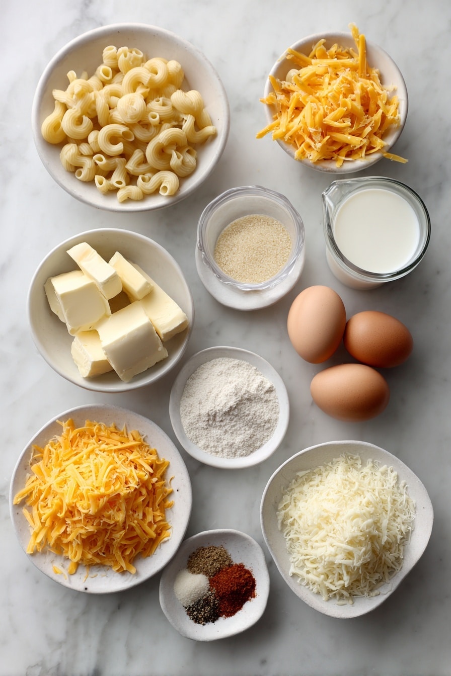 Flat lay of crispy fried homemade mac and cheese bites key ingredients: a few strips of uncooked bacon with streaks of red and white fat, a small pile of dry elbow macaroni pasta with its smooth curved tubes, a simple white ceramic bowl holding pale yellow bacon grease or unsalted butter chunks, a small white bowl of fine all-purpose flour, another white bowl filled with fresh milk, a neat pinch of coarse sea salt crystals next to a tiny pile of ground black pepper, a small heap of garlic powder, and separate tiny piles of ground cayenne pepper and ground nutmeg, a simple white bowl heaped with shredded sharp cheddar cheese in vibrant orange, another white bowl holding shredded Monterey Jack cheese creamy white in color, a small white dish containing more all-purpose flour with a dusting of fine sea salt, black pepper, and onion powder on top, two whole clean-shelled brown eggs, and a small white bowl filled with golden seasoned panko breadcrumbs, all arranged symmetrically with perfect spacing, placed on a clean white marble surface, soft natural light, photo taken with an iPhone, professional food photography style, fresh ingredients, white ceramic bowls, no bottles, no duplicates, no utensils, no packaging --ar 2:3 --v 7 --p m7354615311229779997 - Crispy Fried Mac and Cheese Bites, cheese snack recipes, party appetizer ideas, crispy cheese bites, easy comfort food snacks