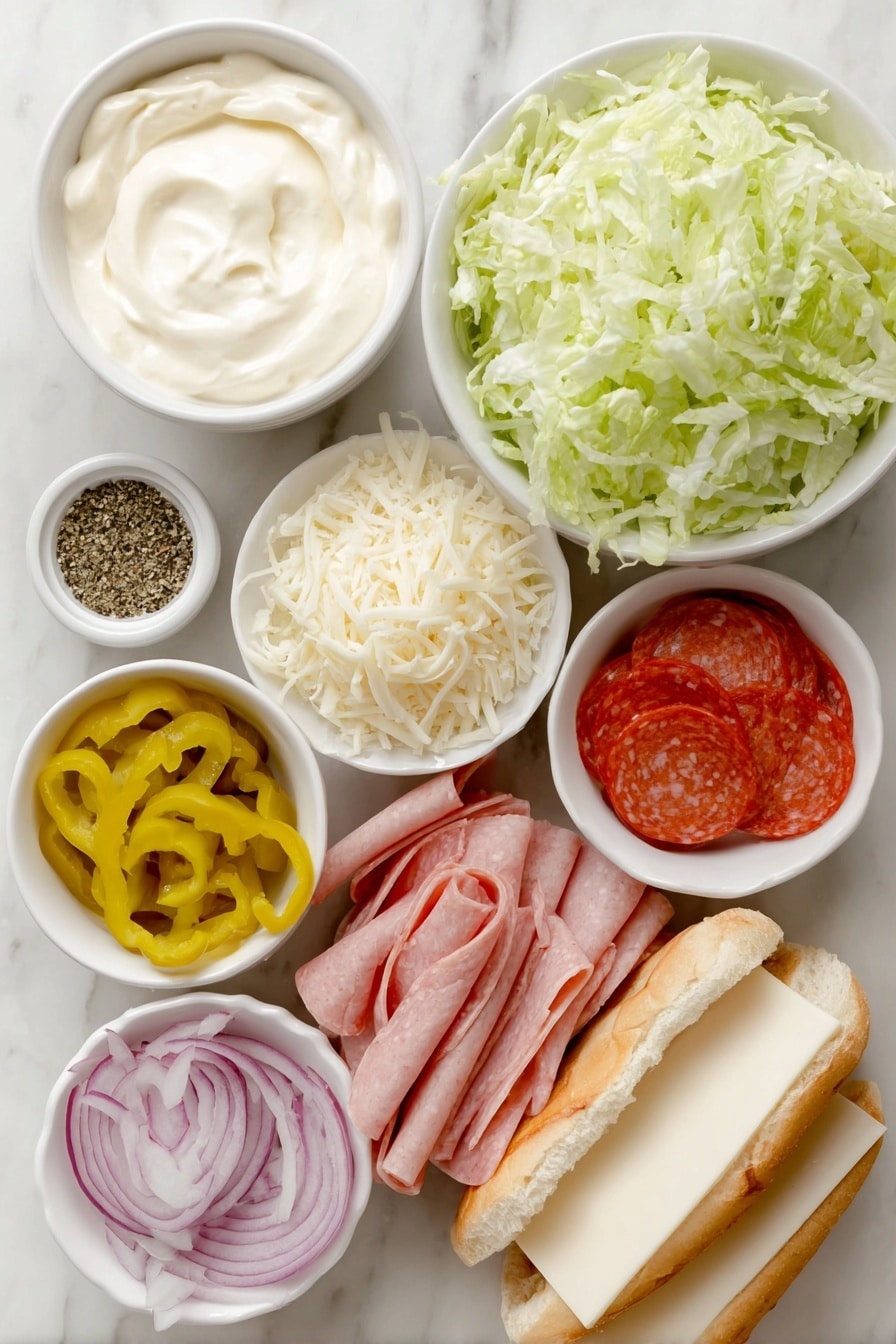 Flat lay of a small white ceramic bowl of creamy mayonnaise, a small white bowl with red wine vinegar, a small white bowl with garlic powder, a small white bowl with dried oregano, a small white bowl with salt, a few grinds of black pepper loose on the surface, half a head of iceberg lettuce shredded finely arranged loosely, thinly sliced half a red onion in a small neat pile, a small mound of sliced bright yellow banana peppers, three fresh sub rolls with a golden crust, thin stacks of folded red salami slices, thin stacks of round pepperoni slices, thin slices of turkey breast, slices of pale yellow provolone cheese neatly layered, a ripe red tomato sliced evenly, a small white bowl filled with finely grated parmesan cheese, each ingredient fresh and natural, all items arranged with perfect symmetry and balanced proportions, placed on a clean white marble surface, soft natural light, photo taken with an iPhone, professional food photography style, fresh ingredients, white ceramic bowls, no bottles, no duplicates, no utensils, no packaging --ar 2:3 --v 7 --p m7354615311229779997 - Viral Italian Grinder Salad Sandwich, Italian grinder sandwich, Italian salad sandwich recipe, easy Italian sub sandwich, best Italian grinder