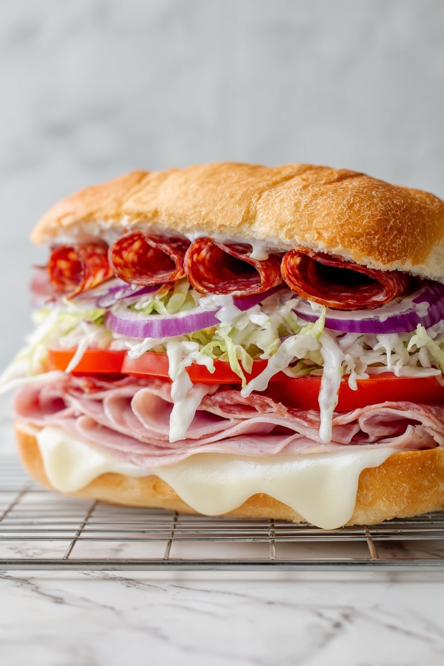 A sandwich with five main layers sits on a wire rack over a white marbled surface. The bottom layer is light melted cheese with a smooth texture that slightly drips off the edge. Above it are slices of pale pink meat, topped by thin, bright red tomato slices. Next is a creamy salad layer with shredded lettuce and thin rings of purple onion mixed into a white dressing. The top layer consists of crispy brown bacon strips that are slightly curled, all held together by a toasted, golden-brown sandwich bun. Photo taken with an iphone --ar 2:3 --v 7 - Viral Italian Grinder Salad Sandwich, Italian grinder sandwich, Italian salad sandwich recipe, easy Italian sub sandwich, best Italian grinder