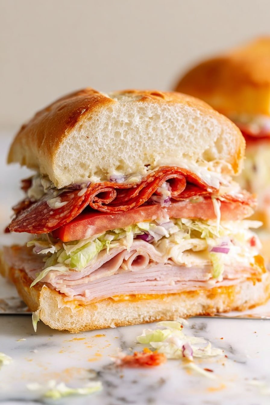 The image shows a close-up of a tall sandwich cut in half, with a soft, golden-brown bun on top and bottom. Inside, there are several distinct layers from bottom to top: a thin layer of light pink meat, a bright orange spread, thin white slices of turkey or chicken, shredded lettuce mixed with small pieces of red onion, a thick slice of red tomato, several slices of spicy red pepperoni, and a light-colored sauce or dressing visible between the layers. The sandwich rests on a white marbled surface, with some small bits of chopped vegetables scattered near it. The photo taken with an iphone --ar 2:3 --v 7 - Viral Italian Grinder Salad Sandwich, Italian grinder sandwich, Italian salad sandwich recipe, easy Italian sub sandwich, best Italian grinder