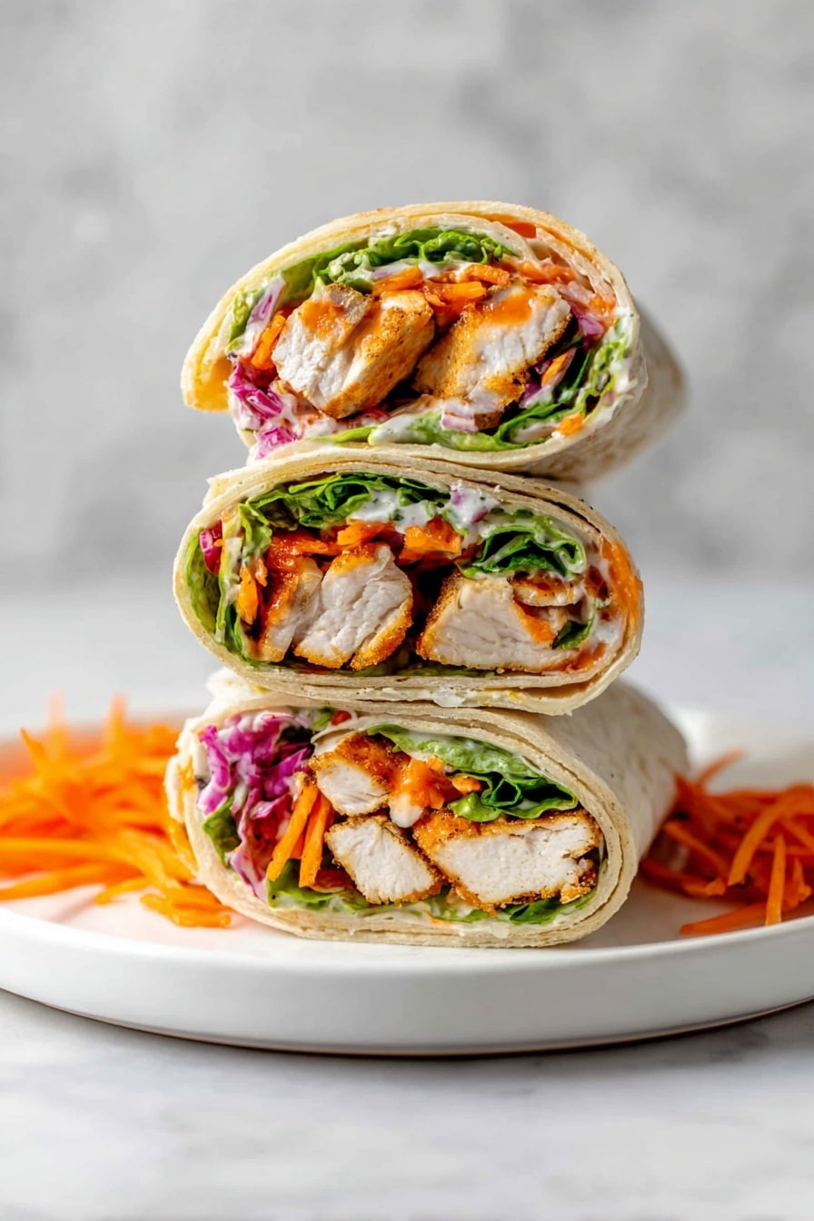 The image shows three halves of a wrap stacked on top of each other on a white plate with a few pieces of shredded orange carrot around. Each wrap has several visible layers: the outer layer is a soft, light beige tortilla, inside is a bright green lettuce leaf, then a layer of grilled white chicken pieces with an orange sauce, thin slices of red onion, shredded orange carrot, and some white sauce drizzled inside. The wraps are neatly rolled and cut to show the colorful layers inside. The background is a white marbled texture. Photo taken with an iphone --ar 2:3 --v 7 - Buffalo Chicken Wraps, spicy chicken wraps, quick chicken wraps, easy buffalo wraps, flavorful chicken meal