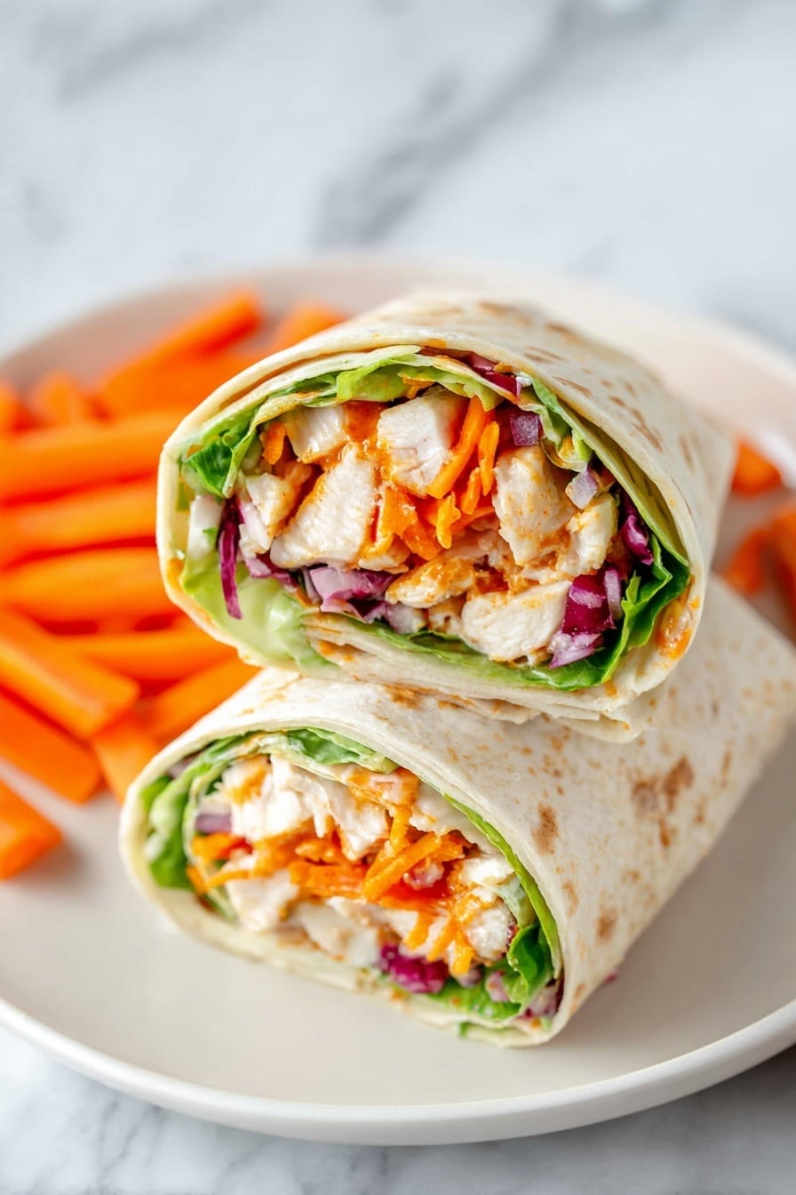 Two wrap halves are placed side by side on a white plate with small orange carrot sticks scattered around. Each wrap shows clear layers starting with a light tortilla on the outside, next a layer of fresh green lettuce, followed by chunks of white chicken mixed with orange sauce, bright orange shredded carrots, and pieces of red onion. The wraps are cut cleanly, exposing the colorful and fresh filling inside. The plate is set on a white marbled surface. Photo taken with an iphone --ar 2:3 --v 7 - Buffalo Chicken Wraps, spicy chicken wraps, quick chicken wraps, easy buffalo wraps, flavorful chicken meal