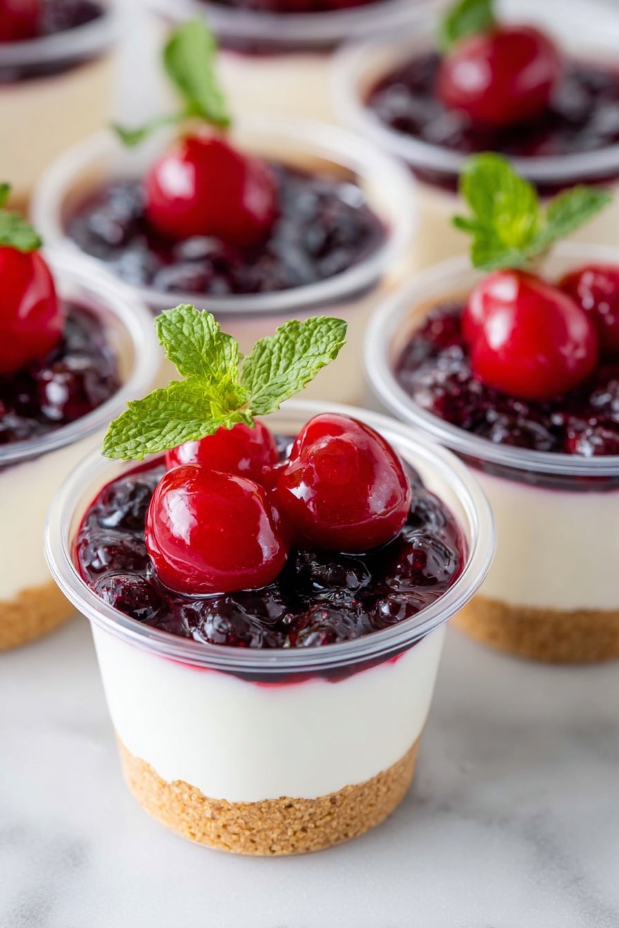 The image shows several clear plastic cups filled with a three-layer dessert. The bottom layer is a crumbly, light brown cookie crust. The middle layer is thick, smooth, and white cream cheese filling. On the top layer, there are either bright red cherry topping or dark purple blueberry topping with a shiny texture. Each cup is garnished with a small fresh green mint leaf on top. All cups are placed on a white marbled surface. photo taken with an iphone --ar 2:3 --v 7 - No-Bake Cheesecake Cups, no-bake cheesecake, easy cheesecake dessert, quick cheesecake recipes, creamy cheesecake cups
