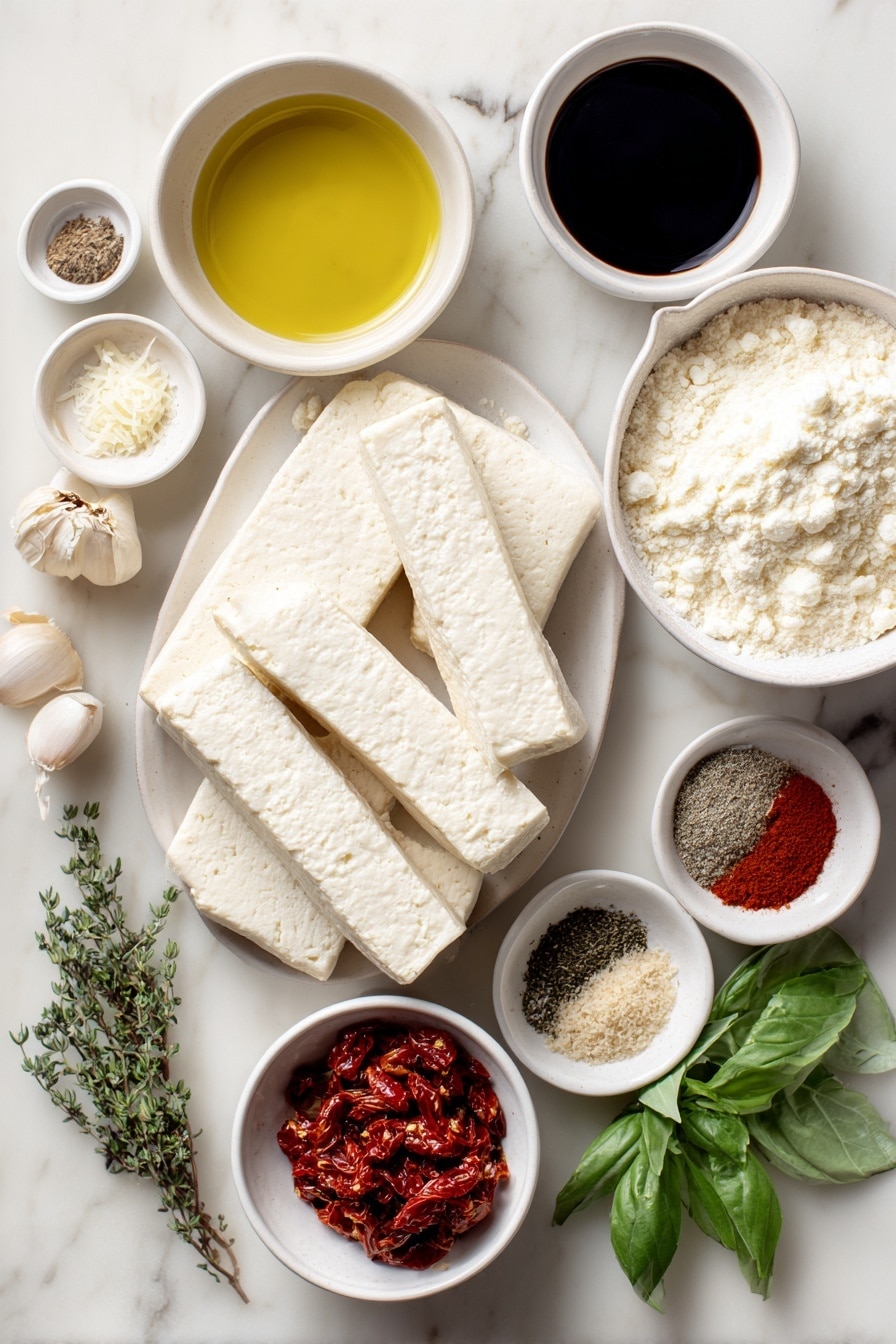 Flat lay of a block of fresh firm tofu cut into three long pieces with rounded edges, two small white ceramic bowls—one filled with golden olive oil and another with dark balsamic vinegar, a small white bowl of clear water, a small white bowl holding fine all-purpose flour, three whole garlic cloves with papery skins intact, a small white bowl of grated parmesan cheese, a small white bowl with bright red chopped sun-dried tomatoes, a few sprigs of fresh green herbs (basil and parsley), and small white bowls with paprika powder, garlic powder, onion powder, chili flakes, dried oregano, and dried thyme arranged symmetrically, all placed on a clean white marble surface, soft natural light, photo taken with an iPhone, professional food photography style, fresh ingredients, white ceramic bowls, no bottles, no duplicates, no utensils, no packaging --ar 2:3 --v 7 --p m7354615311229779997 - Creamy Sun-Dried Tomato Tofu Skillet, vegetarian tofu dinner, quick tofu recipes, plant-based creamy mushroom sauce, easy weeknight tofu dish