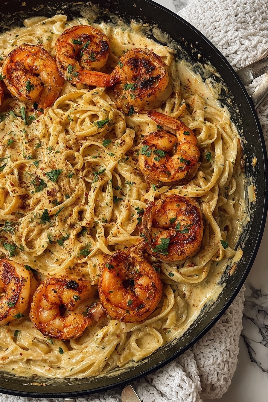 A black pan filled with creamy pasta as the base layer, light beige with visible seasoning and herbs mixed in, topped with eight cooked shrimp arranged in a circular pattern. The shrimp are orange with charred spots and sprinkled with green herb pieces. The pasta strands are thick and tangled, coated in sauce, with small bits of herbs and spices. The pan is resting on a white marbled surface with a white textured cloth nearby. photo taken with an iphone --ar 2:3 --v 7 - Cajun Shrimp Pasta, Cajun Shrimp Pasta recipe, spicy shrimp pasta, creamy Cajun pasta, quick dinner ideas