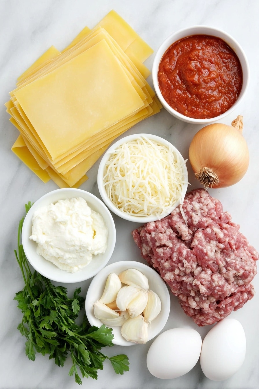 Flat lay of uncooked rectangular lasagna noodles neatly stacked, a small mound of shredded mozzarella cheese, a small pile of shredded Parmesan cheese, a fresh whole yellow onion with shiny skin, two whole cloves of garlic with papery skins, a small white ceramic bowl filled with vibrant red pasta sauce, a small white ceramic bowl holding thick, deep red tomato paste, fresh bright green parsley sprigs loosely arranged, a raw whole egg with a smooth clean shell, a small white ceramic bowl containing creamy white ricotta cheese, and fresh raw lean ground beef and Italian sausage side by side in small portions placed on a simple white ceramic dish, all ingredients fresh and natural, placed on a clean white marble surface, soft natural light, photo taken with an iPhone, professional food photography style, fresh ingredients, white ceramic bowls, no bottles, no duplicates, no utensils, no packaging --ar 2:3 --v 7 --p m7354615311229779997 - Easy Homemade Lasagna, homemade lasagna, Italian lasagna, best lasagna recipe, how to make lasagna