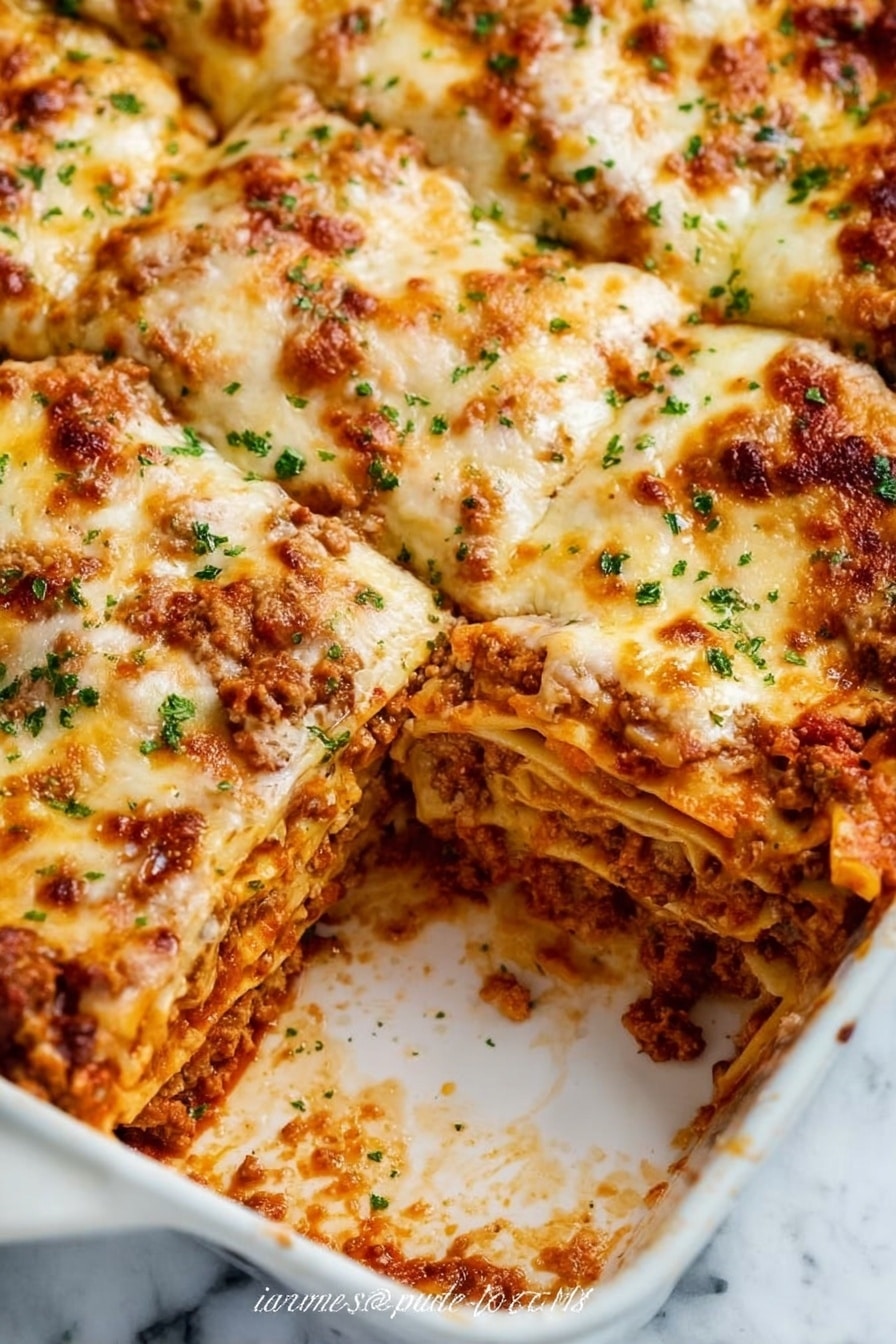 The image shows a white square dish with several layers of lasagna. The bottom layer is soft cooked pasta sheets, topped by a thick layer of brown meat sauce mixed with reddish tomato sauce that looks chunky and moist. Above this is another layer of pasta, followed by a thick spread of melted light yellow cheese with golden brown spots, sprinkled with small bits of green herbs. One piece of lasagna has been taken out, revealing the layers clearly on a white marbled surface. The cheese on top looks bubbly and slightly browned with a bit of gooey stretched texture. photo taken with an iphone --ar 2:3 --v 7 - Easy Homemade Lasagna, homemade lasagna, Italian lasagna, best lasagna recipe, how to make lasagna