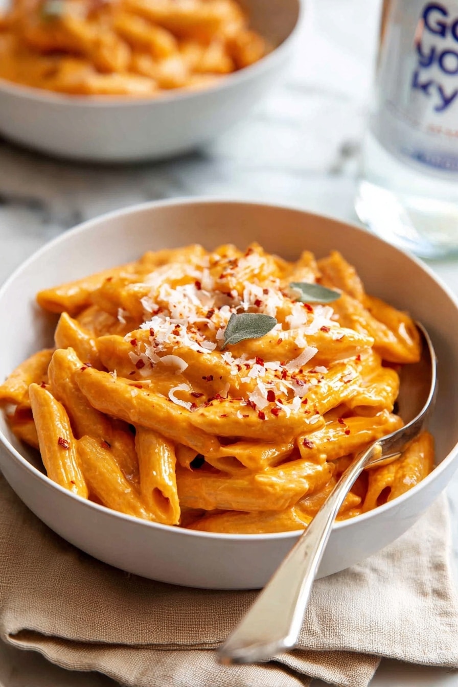 A white bowl filled with a single layer of penne pasta coated in a creamy orange sauce, with a small pile of shredded white cheese sprinkled in the center and a few red pepper flakes scattered on top; a silver spoon is partially stirring the pasta on the left side of the bowl, all set on a white marbled surface with a blurred drink bottle in the background, photo taken with an iphone --ar 2:3 --v 7 - Creamy Vodka Penne Pasta, creamy penne pasta, vodka pasta recipe, easy pasta dinner, indulgent pasta dish