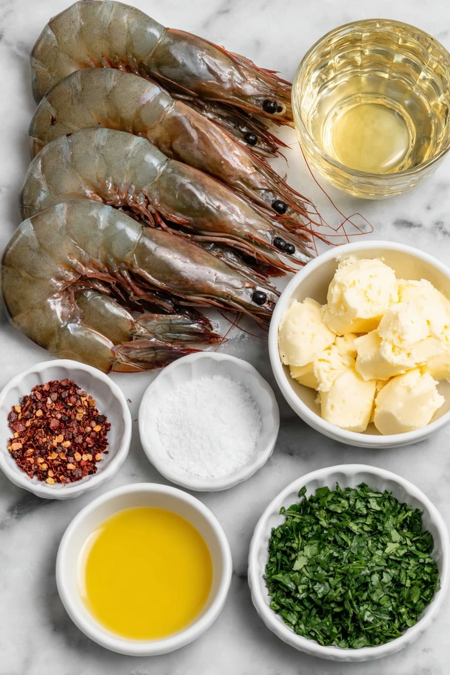 Flat lay of large raw shrimp with shells and tails, a few whole garlic cloves, two tablespoons of golden olive oil in a small white bowl, four tablespoons of creamy butter in a small white bowl, a small white bowl holding bright red crushed red pepper flakes, a small white bowl with translucent pale yellow lemon juice, a small white bowl with clear dry white wine, a small white bowl with coarse sea salt, a small white bowl with freshly cracked black pepper, a small white bowl filled with vibrant chopped fresh parsley, all arranged in perfect symmetry on a clean white marble surface, soft natural light, photo taken with an iPhone, professional food photography style, fresh ingredients, white ceramic bowls, no bottles, no duplicates, no utensils, no packaging --ar 2:3 --v 7 --p m7354615311229779997 - Garlic Butter Shrimp Scampi, easy shrimp recipes, quick seafood dinner, flavorful shrimp dishes, garlic butter shrimp