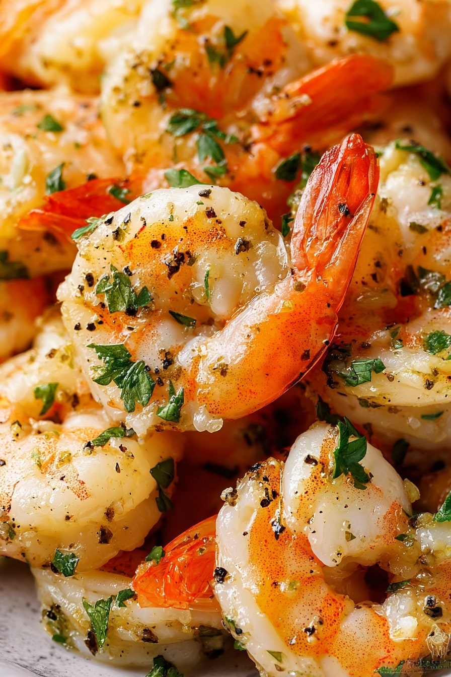 The image shows many cooked shrimp with curled bodies, their shells partly removed to reveal white and pink flesh with a soft texture. The shrimp have bright orange tails and are seasoned with small bits of black pepper and fresh green parsley scattered evenly on top. The shrimp look slightly shiny, as if coated with a light sauce or oil. The background is a close-up view, showing the shrimp piled on a white marbled surface. photo taken with an iphone --ar 2:3 --v 7 - Garlic Butter Shrimp Scampi, easy shrimp recipes, quick seafood dinner, flavorful shrimp dishes, garlic butter shrimp