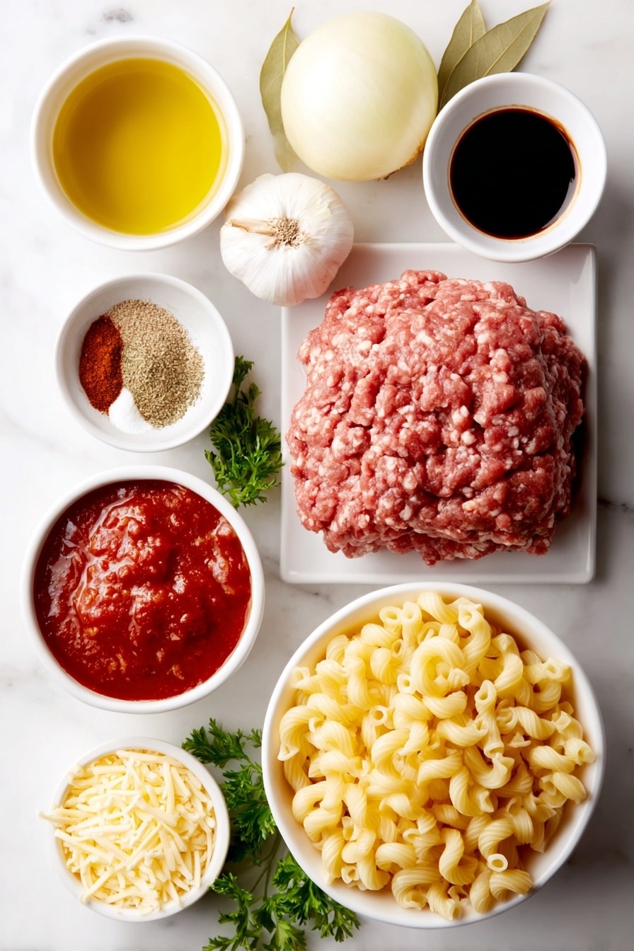 Flat lay of a small pool of golden olive oil in a white ceramic bowl, a mound of raw ground beef with a natural fresh texture, a medium yellow onion halved to show the layers, four cloves of peeled garlic, a white ceramic bowl filled with rich red tomato sauce, another white bowl with bright red diced tomatoes, a simple white ceramic bowl holding dark Worcestershire sauce, a small heap of dried Italian seasoning herbs, two white ceramic bowls each containing a fine light brown garlic powder and a vibrant rust-colored paprika powder, two fresh bay leaves lying flat, a neat pile of uncooked elbow macaroni noodles, a small white bowl filled with shredded cheddar cheese in a rich golden-yellow color, and a few sprigs of fresh parsley, all arranged symmetrically and naturally placed on a clean white marble surface, soft natural light, photo taken with an iPhone, professional food photography style, fresh ingredients, white ceramic bowls, no bottles, no duplicates, no utensils, no packaging --ar 2:3 --v 7 --p m7354615311229779997 - American Chop Suey, Easy American Chop Suey, classic American pasta dish, hearty ground beef pasta, one-pot American Chop Suey