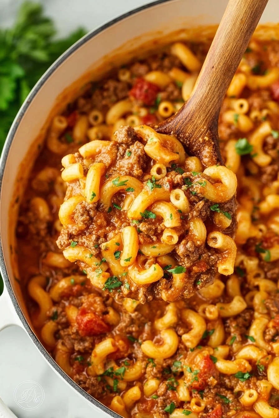 A close-up view of a white pot filled with a thick, rich macaroni and ground beef stew. The dish has three main layers: small elbow macaroni noodles in a creamy light orange sauce, dark brown cooked ground beef pieces, and small bits of bright red tomatoes mixed throughout. The stew is sprinkled with fresh chopped green herbs on top. A wooden spoon holds a scoop of the stew above the pot, showing the textures of the noodles, meat, and sauce. The background is a soft white marbled surface with some blurred green plants in the distance. Photo taken with an iphone --ar 2:3 --v 7 - American Chop Suey, Easy American Chop Suey, classic American pasta dish, hearty ground beef pasta, one-pot American Chop Suey