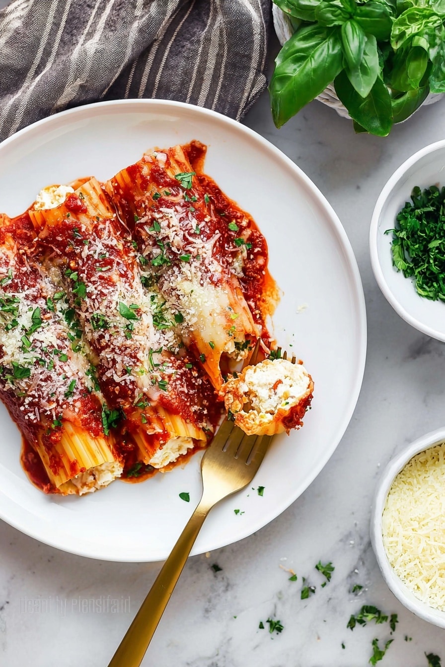Three rolled pasta tubes filled with white ricotta cheese and topped with red tomato sauce and melted white cheese, sprinkled with green chopped parsley, sit on a white plate. A gold fork holds one pasta tube showing the filled inside. The plate rests on a white marbled surface with a white bowl of grated cheese, fresh green basil leaves, and a white bowl of chopped green parsley nearby. A gold spoon lies beside the plate. photo taken with an iphone --ar 2:3 --v 7 - Cheese Manicotti Bake, cheesy Italian casserole, no-boil manicotti recipe, baked cheese pasta, easy Italian dinner