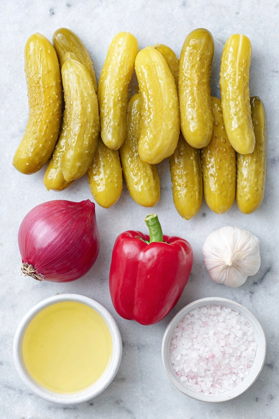 Flat lay of ten whole baby dill pickles with fresh green stems, half a sweet yellow onion with smooth bright yellow skin, one whole shiny red bell pepper, one whole vibrant green serrano pepper, a small white ceramic bowl of clear pickle brine, one uncracked garlic clove with papery white skin, and a small white ceramic bowl of coarse kosher salt, all arranged in perfect symmetry on a clean white marble surface, soft natural light, photo taken with an iPhone, professional food photography style, fresh ingredients, white ceramic bowls, no bottles, no duplicates, no utensils, no packaging --ar 2:3 --v 7 --p m7354615311229779997 - Pickle de Gallo, pickle de Gallo recipe, tangy pico de Gallo, quick pico de Gallo with pickles, versatile pickle de Gallo