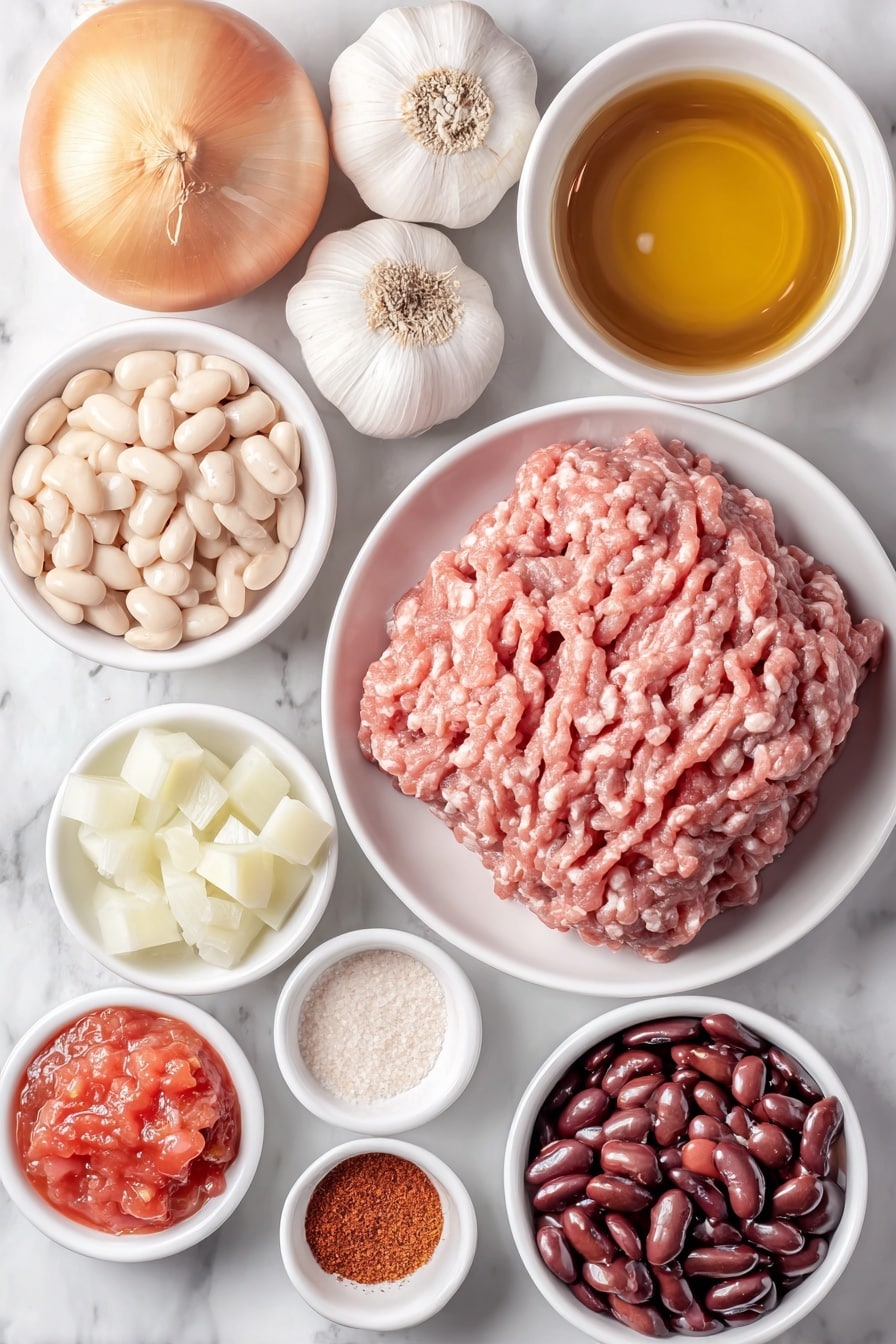 Flat lay of a small puddle of golden olive oil glistening on a simple white ceramic dish, a mound of fresh ground lean beef with a deep red color, a heap of chopped bright yellow onion pieces, a small pile of diced vibrant orange carrots, a cluster of diced light green celery stalks, three whole garlic cloves with papery white skins, a small white bowl filled with smooth red tomato sauce, a small white bowl containing rich golden chicken broth, a small white bowl of clear water, a small white bowl heaped with diced fresh red tomatoes, a tiny heap of granulated white sugar crystals, a neat stack of dried greenish basil leaves, a small amount of dried oregano flakes, a small pile of dried thyme, a pinch of dried marjoram leaves, a few grains of coarse sea salt and freshly cracked black peppercorns side by side, a small mound of dry ditalini pasta shaped like tiny short tubes, a small white bowl filled with shiny dark red kidney beans, another small white bowl with smooth white great northern beans, a neat pile of finely shredded Romano cheese, and a sprig of fresh vibrant green parsley leaves, all arranged with perfect symmetry and realistic proportions on a clean white marble surface, soft natural light, photo taken with an iPhone, professional food photography style, fresh ingredients, white ceramic bowls, no bottles, no duplicates, no utensils, no packaging --ar 2:3 --v 7 --p m7354615311229779997 - Pasta e Fagioli Soup Olive Garden, Italian Copycat Soup, Hearty Bean and Pasta Soup, Easy Olive Garden Copycat Recipe, Comfort Food Soup Recipes