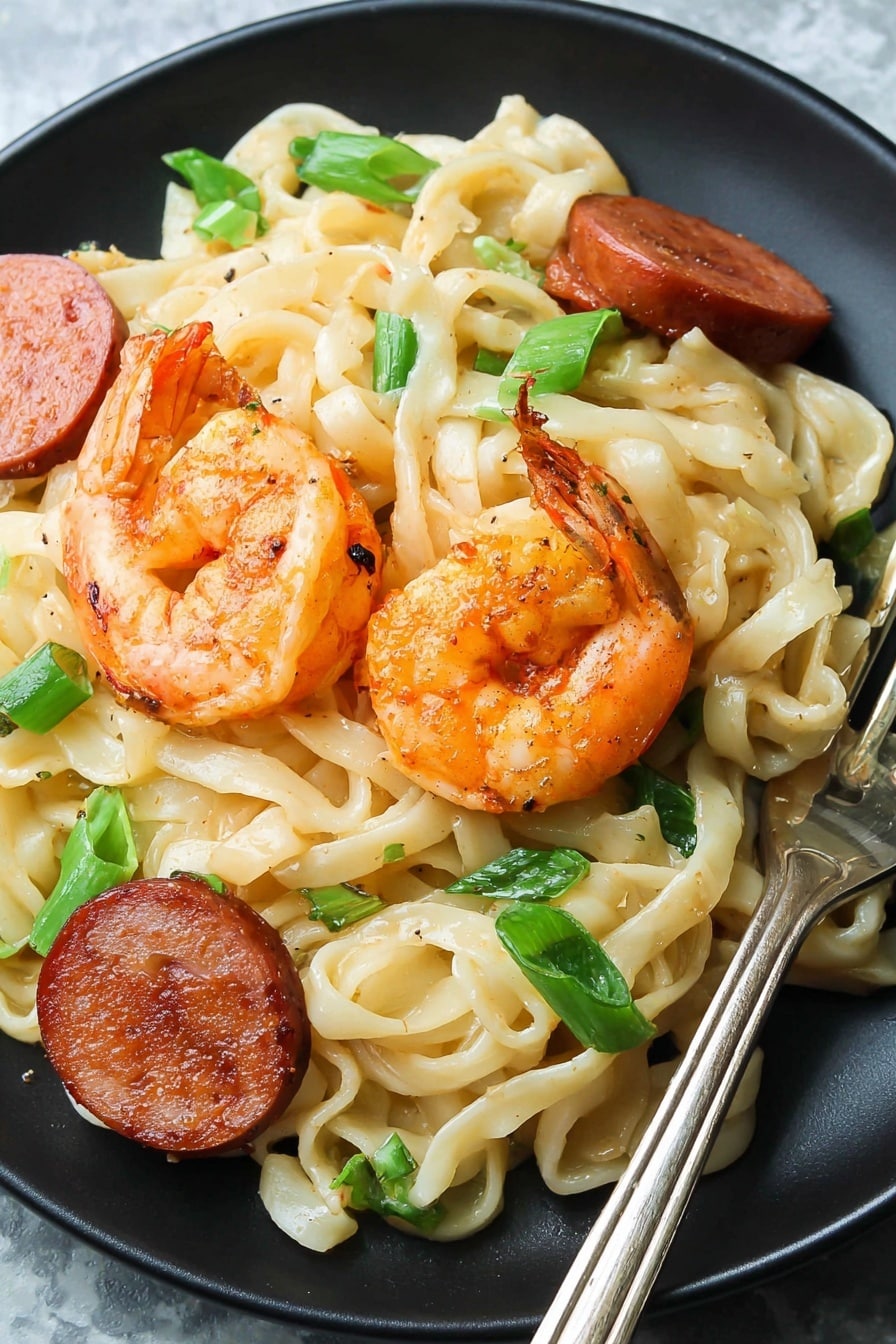 The dish shows a close-up view of a black pan filled with several layers of food, starting from a base of creamy beige flat noodles tangled together, mixed with orange-pink cooked shrimp scattered on top and throughout. There are dark red-brown sausage slices peeking through, along with chunks of light green celery and small pieces of bright green onion adding color contrast. Small black pepper specks are spread over the noodles and shrimp, giving the dish a light seasoning look. A metal utensil lifts some of the noodles from the pan's side. The background is a white marbled texture. Photo taken with an iphone --ar 2:3 --v 7 - Cajun Shrimp and Sausage Pasta, Cajun pasta recipes, spicy shrimp pasta, Cajun sausage pasta, easy Cajun dinner ideas