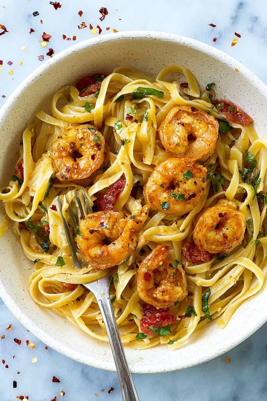 A black frying pan filled with a dish consisting of flat, pale yellow pasta noodles tossed with cooked shrimp that are orange with a slightly charred texture. The pasta is mixed with chunky red tomato sauce and garnished with small green herb pieces scattered throughout. A wooden spoon lifts a mix of the noodles, shrimp, and sauce from one side of the pan. The pan handle is wrapped with a green cloth and the scene is set on a white marbled surface with some scattered red pepper flakes. photo taken with an iphone --ar 2:3 --v 7 - Spicy Shrimp Fra Diavolo with Tomato Sauce, shrimp fra diavolo recipe, spicy seafood pasta, easy shrimp tomato sauce, fiery shrimp recipes