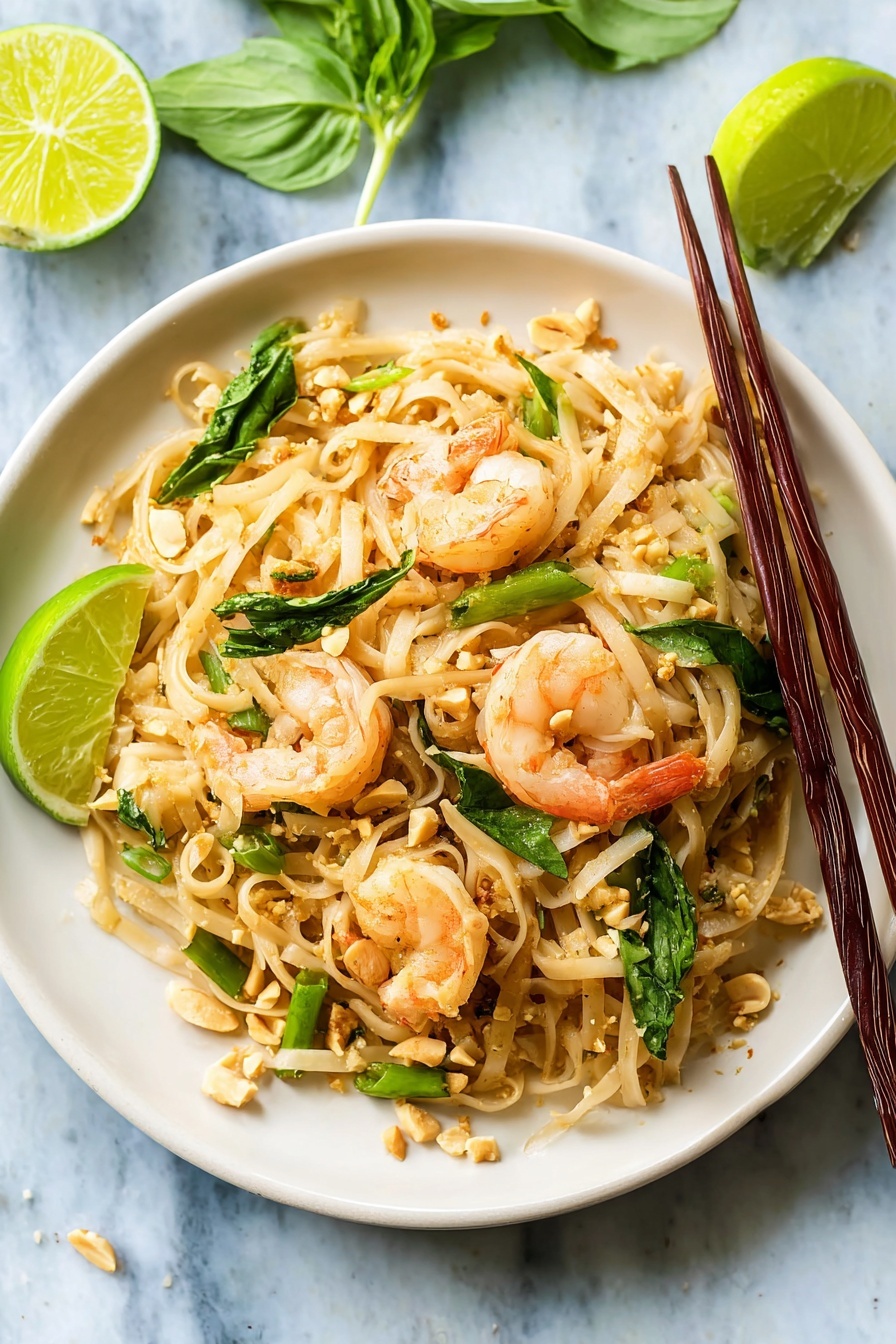 A white plate filled with stir-fried noodles as the base layer, light brown and slightly glossy, mixed with four pink-orange cooked shrimps placed evenly on top. Scattered throughout the noodles are green onion pieces and fresh green basil leaves giving contrast. On the upper left edge of the plate, a bright green lime wedge rests. Alongside the plate, wooden chopsticks with black tips are placed diagonally on the right side. There is a small white bowl filled with pale tan peanuts in the background on a white marbled surface with scattered peanut pieces around it. photo taken with an iphone --ar 2:3 --v 7 - Easy Shrimp Pad Thai, Shrimp Pad Thai recipe, homemade Pad Thai, quick Thai stir-fry, authentic Shrimp Pad Thai