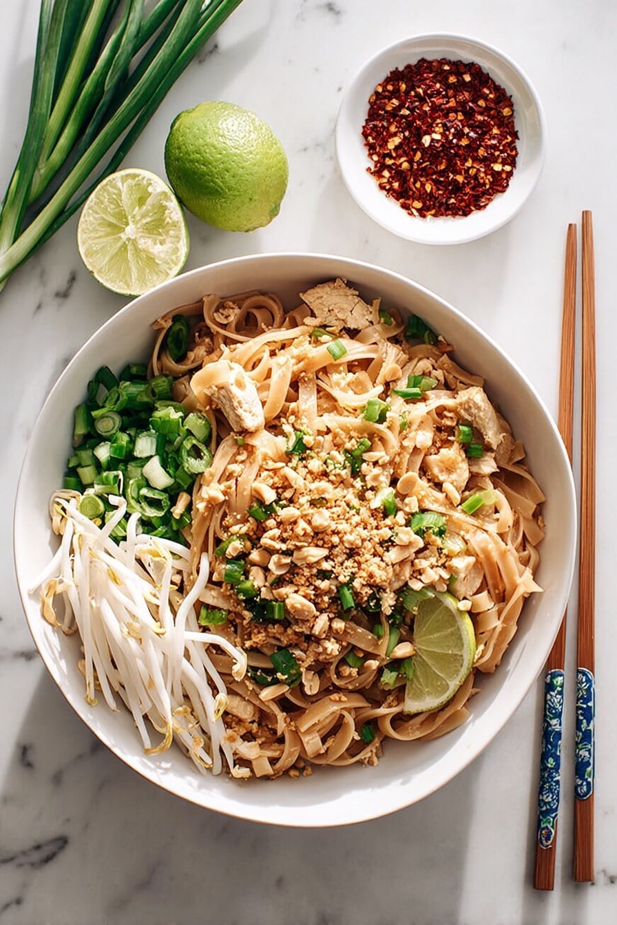A white bowl sits on a white marbled surface filled with layers of food. The bottom layer is light brown flat noodles mixed with light brown pieces of chicken and bright green chopped scallions. On top, there are crunchy crushed peanuts sprinkled over the noodles. To one side, fresh white bean sprouts and a halved bright green lime rest. A pair of wooden chopsticks with blue decorations lie on the right side of the bowl. Near the bowl is a small white dish filled with red chili flakes. Photo taken with an iphone --ar 2:3 --v 7 - Homemade Chicken Pad Thai, Thai chicken pad thai, easy chicken pad thai recipe, authentic pad thai, stir-fried chicken noodle dish
