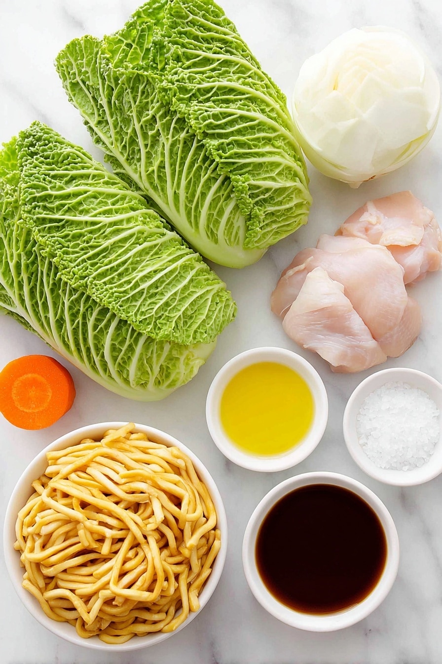 Flat lay of fresh green cabbage leaves, a quarter of a peeled white onion wedge, a small orange carrot with its bottom end visible, a raw boneless skinless chicken thigh, a few pinches of coarse kosher salt crystals, a few cracks of freshly ground black pepper, a small white ceramic bowl of golden neutral oil, a neat nest of pale yellow yakisoba noodles, a small white ceramic bowl filled with glossy brown yakisoba sauce, all arranged in perfect symmetry on a clean white marble surface, soft natural light, photo taken with an iPhone, professional food photography style, fresh ingredients, white ceramic bowls, no bottles, no duplicates, no utensils, no packaging --ar 2:3 --v 7 --p m7354615311229779997 - Easy Chicken Yakisoba Stir-Fry, Chicken Yakisoba, Japanese stir-fry, quick dinner ideas, savory noodle recipes
