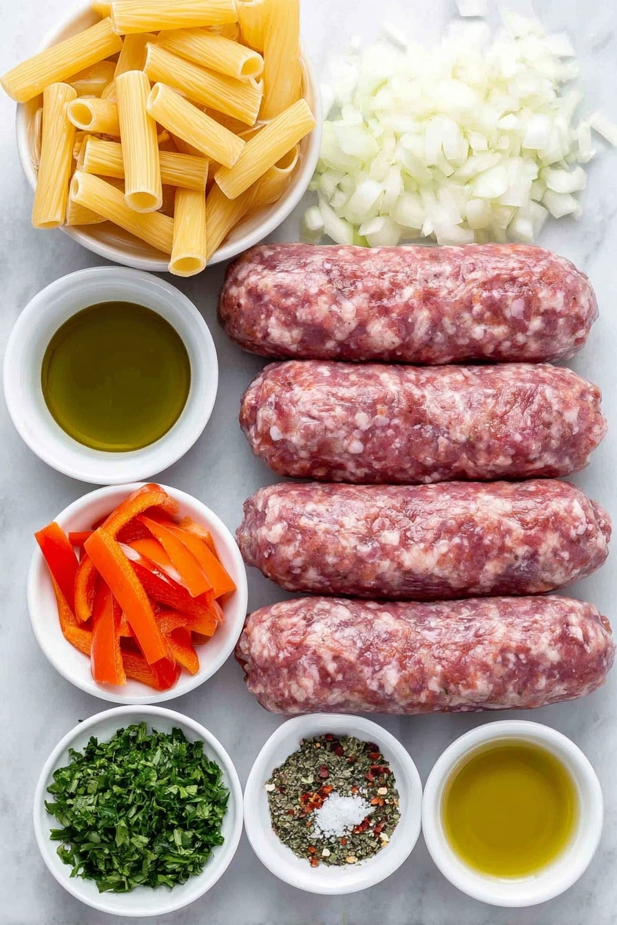 Flat lay of ziti pasta in a neat pile, a few sweet Italian sausages with their casings removed showing the coarse, fresh texture of the meat, three medium-sized bell peppers sliced into 2-inch-long pieces in varied vibrant colors, a handful of chopped onion pieces, four large cloves of garlic chopped finely, a small white bowl of olive oil, a small white bowl of crushed tomatoes, a small white bowl of balsamic vinegar, a small white bowl containing dried oregano, a small white bowl with red pepper flakes, a small white bowl holding kosher salt, and a small pile of fresh chopped parsley, all arranged symmetrically on a simple white ceramic backdrop, placed on a clean white marble surface, soft natural light, photo taken with an iPhone, professional food photography style, fresh ingredients, white ceramic bowls, no bottles, no duplicates, no utensils, no packaging --ar 2:3 --v 7 --p m7354615311229779997 - Italian Sausage and Peppers Pasta, Italian Sausage and Peppers Pasta Recipe, easy Italian sausage pasta, quick sausage and pepper pasta, flavorful sausage pasta dish
