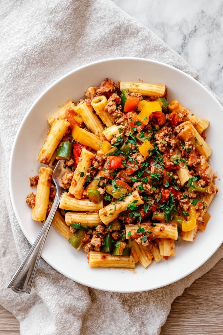A white plate filled with pasta tubes mixed with chunks of red, green, and yellow bell peppers, and bits of cooked ground meat in a light tomato sauce. The pasta and vegetables are evenly mixed with sprinkled chopped green herbs over the top. A silver fork rests partially inside the pasta on the left side. The plate is set on a light beige cloth on a white marbled surface. photo taken with an iphone --ar 2:3 --v 7 - Italian Sausage and Peppers Pasta, Italian Sausage and Peppers Pasta Recipe, easy Italian sausage pasta, quick sausage and pepper pasta, flavorful sausage pasta dish