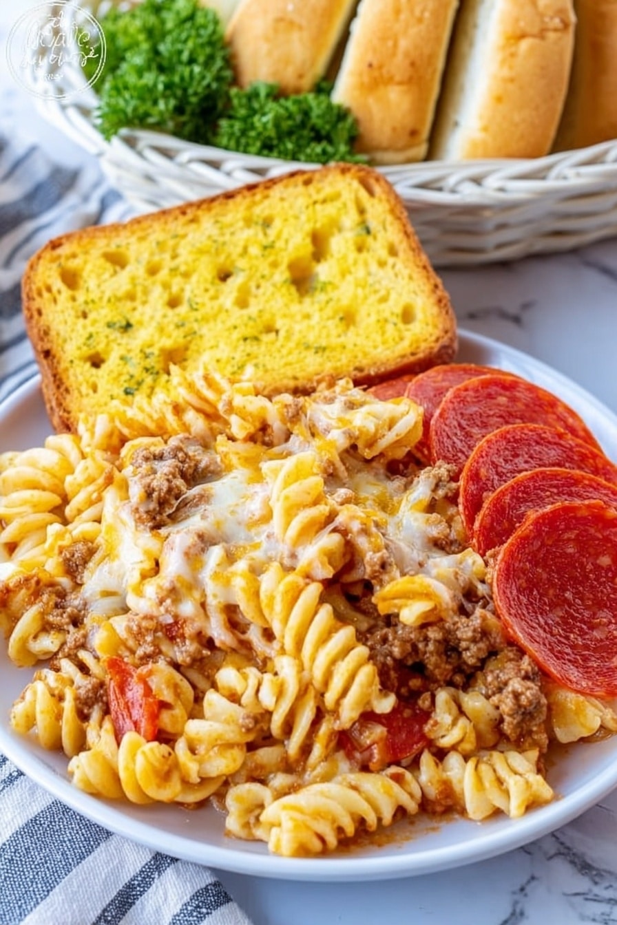 The image shows a close-up of a white plate with a pasta dish made of three main layers: at the bottom, there are spiral rotini pasta with a light yellow color and a soft texture; the middle layer has crumbled cooked ground meat mixed with some melted cheese, showing a beige and light brown tone; the top layer is mainly slices of bright red pepperoni scattered over the pasta and meat, partially covered by more melted cheese with a creamy white color. There is also a yellow, round garlic bread piece placed behind the pasta on the plate. The plate sits on a white marbled surface. photo taken with an iphone --ar 2:3 --v 7 - Baked Pizza Pasta Bake, easy pizza pasta casserole, cheesy baked pasta, Italian comfort food, quick dinner recipes
