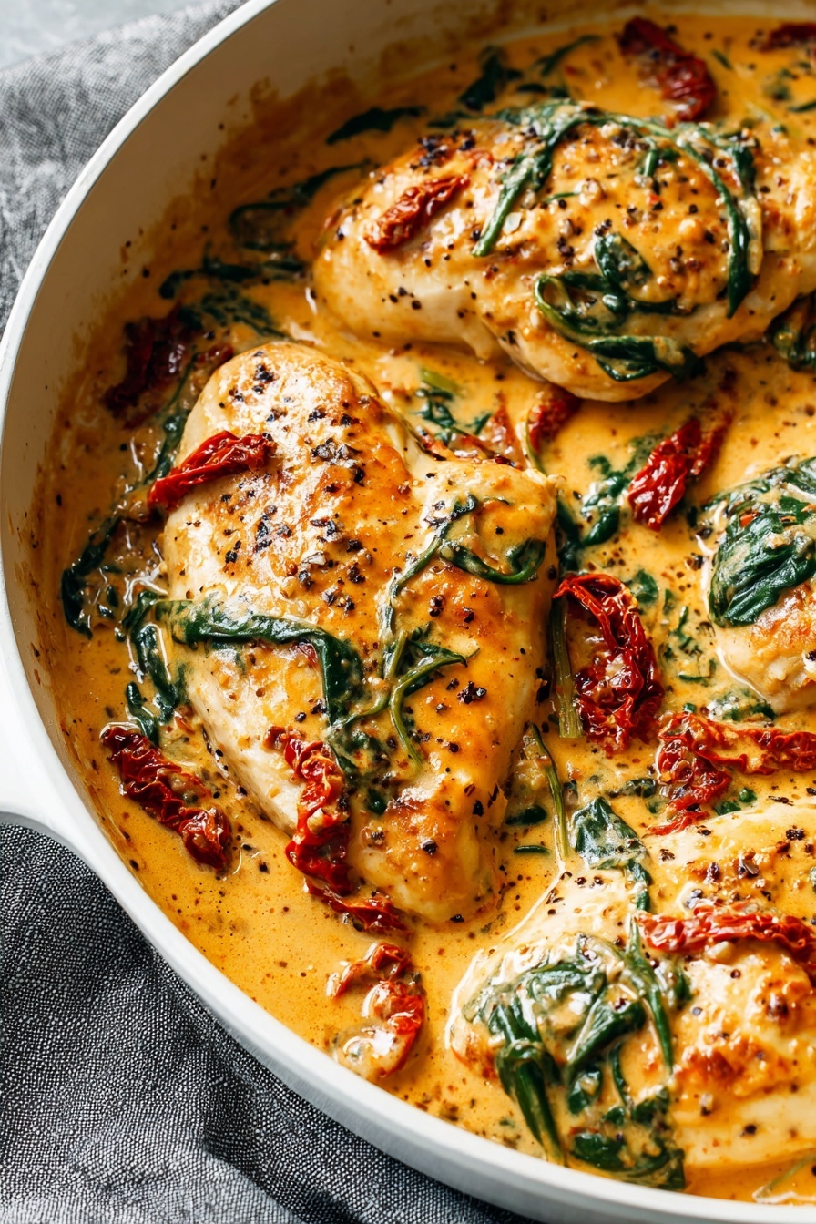 In a white pan, four thick chicken pieces sit, each covered in a creamy orange sauce speckled with black pepper. The sauce is smooth and rich with visible pieces of wilted dark green spinach and deep red sun-dried tomatoes scattered over and around the chicken. The chicken has a light sear with a slightly golden-brown color at the edges. The pan rests on a grey textured cloth, and the close-up view captures the creamy texture and vibrant colors clearly. photo taken with an iphone --ar 2:3 --v 7 - Creamy Tuscan Chicken with Sun-Dried Tomatoes, Tuscan chicken skillet, sun-dried tomato chicken recipe, easy creamy chicken dinner, flavorful chicken recipes