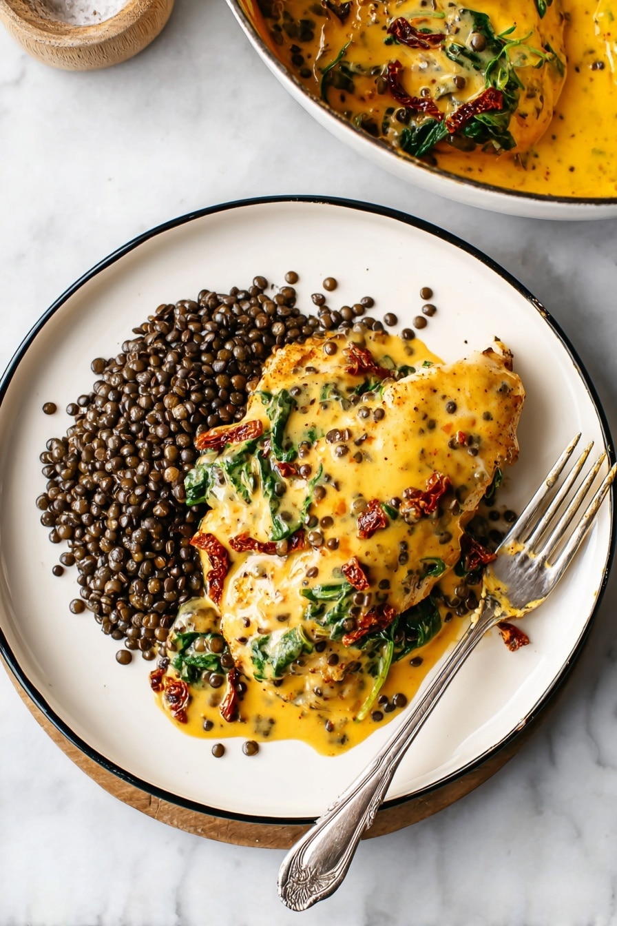 A white plate with a black rim holds a serving of dark brown lentils on the left side, appearing small and round with a glossy texture. On the right side of the plate, there is a piece of cooked chicken covered in a thick yellow-orange creamy sauce with visible sun-dried tomato strips and small wilted green leafy spinach bits mixed in. The sauce looks smooth and rich, coated fully over the chicken. Beside the plate, there is a silver fork with some sauce on its prongs resting on the right edge, and a silver knife is placed next to the fork, both set on a white marbled surface. The top left corner shows a portion of a white pot filled with more of the yellow-orange sauce with sun-dried tomato pieces and spinach, partly visible. photo taken with an iphone --ar 2:3 --v 7 - Creamy Tuscan Chicken with Sun-Dried Tomatoes, Tuscan chicken skillet, sun-dried tomato chicken recipe, easy creamy chicken dinner, flavorful chicken recipes