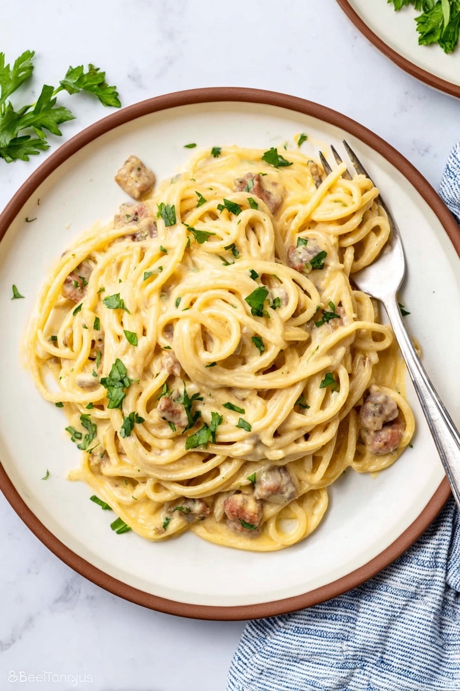 A white round plate with a brown rim holds creamy pasta with a thick light yellow sauce. The pasta strands are long and twisted, mixed with small chunks of light brown meat and garnished with fresh green parsley leaves scattered on top. A silver fork is placed on the right side of the plate, partially covered by pasta. The plate rests on a white marbled surface, with a blue and white striped cloth folded nearby. Photo taken with an iphone --ar 2:3 --v 7 - Cheesy Chicken Spaghetti Bake, easy cheesy chicken casserole, comforting pasta bake, creamy chicken spaghetti, family-friendly pasta dish