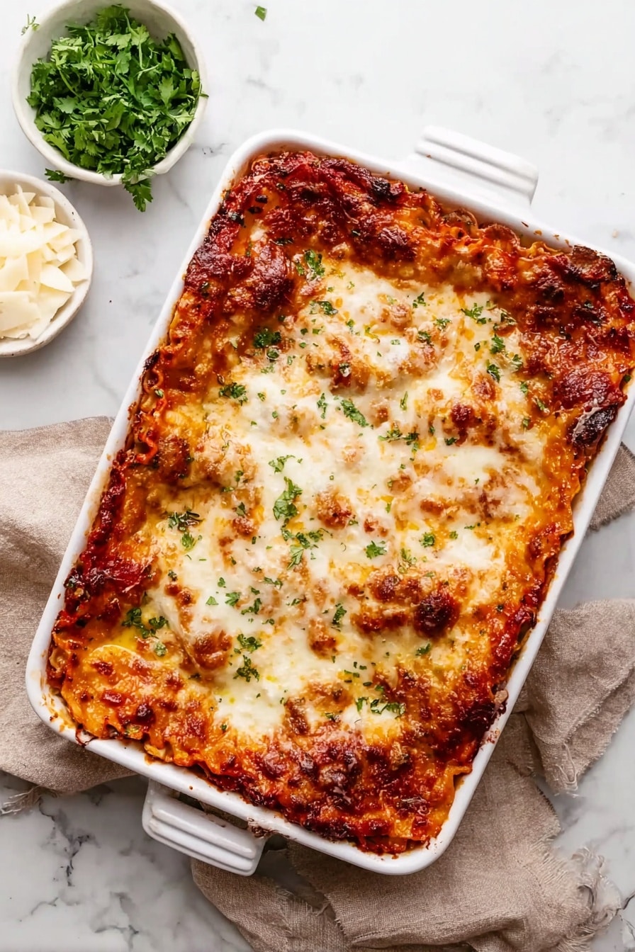 A close-up of a square white baking dish filled with a baked spaghetti casserole. The casserole has three visible layers: a bottom layer of pasta mixed with ground meat and tomato sauce in red and brown tones, a middle layer showing more pasta and sauce with bits of vegetables, and a top layer covered in melted golden-brown cheese. A portion is being lifted with a utensil held by a woman's hand, showing the thick, mixed texture of pasta, meat, sauce, and cheese with a slightly crispy top edge. The background is a simple soft beige, and the dish rests on a white marbled surface photo taken with an iphone --ar 2:3 --v 7 - Baked Sausage Spaghetti Casserole, cheesy sausage pasta bake, easy sausage spaghetti dinner, hearty sausage casserole, quick baked pasta dish