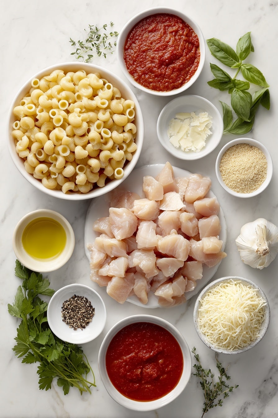 Flat lay of boneless skinless chicken breasts cut into chunks, a small mound of penne pasta, a small white bowl of olive oil, a small white bowl of minced garlic, a small white bowl of red marinara sauce, a small white bowl of shredded mozzarella cheese, a small white bowl of shredded parmesan cheese, a small white bowl of Italian style breadcrumbs, a small white bowl of melted butter, a small white bowl of Italian seasoning powder, a few whole garlic cloves, a few fresh parsley leaves, a few fresh basil leaves, a few fresh thyme sprigs, a small pile of whole black peppercorns, all arranged with perfect symmetry on a clean white marble surface, soft natural light, photo taken with an iPhone, professional food photography style, fresh ingredients, white ceramic bowls, no bottles, no duplicates, no utensils, no packaging --ar 2:3 --v 7 --p m7354615311229779997 - One Pot Chicken Parmesan Pasta, easy chicken pasta skillet, Italian chicken dinner, quick weeknight pasta, one pot lasagna style chicken